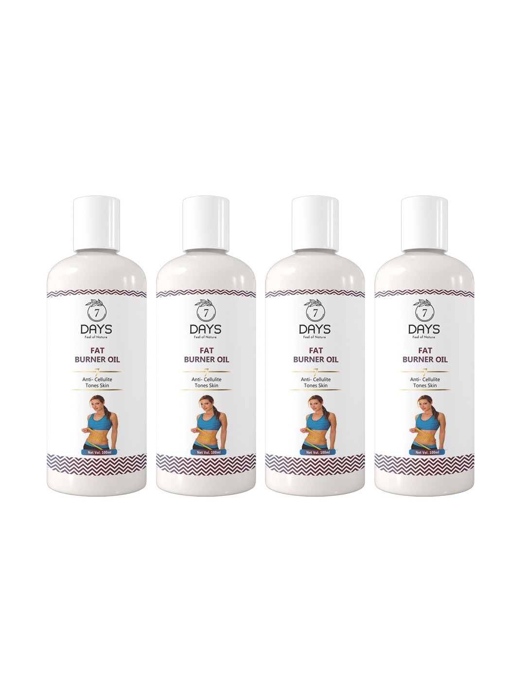 

7 DAYS Feel Of Nature Set Of 4 Anti-Cellulite Fat Burner Oil - Tones Skin - 100ml Each, Brown