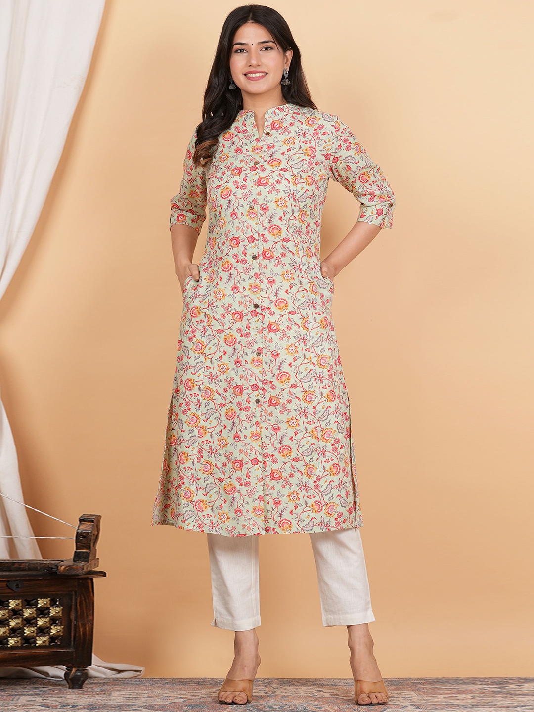 

Vbuyz Floral Printed Mandarin Collar Cotton Straight Kurta, Sea green