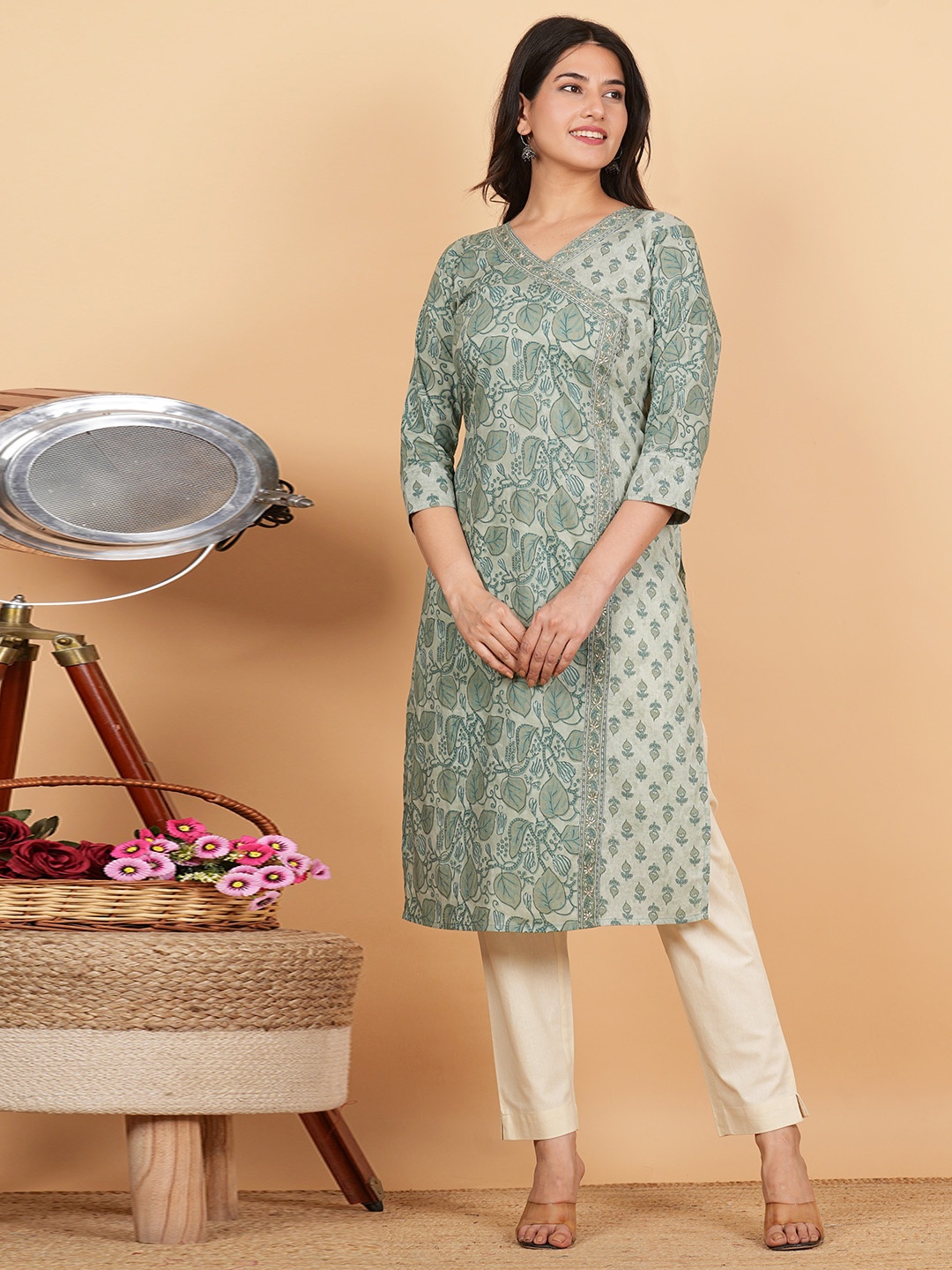 

Vbuyz Ethnic Motifs Printed Sequinned Block Print Angrakha A-Line Cotton Kurta, Sea green