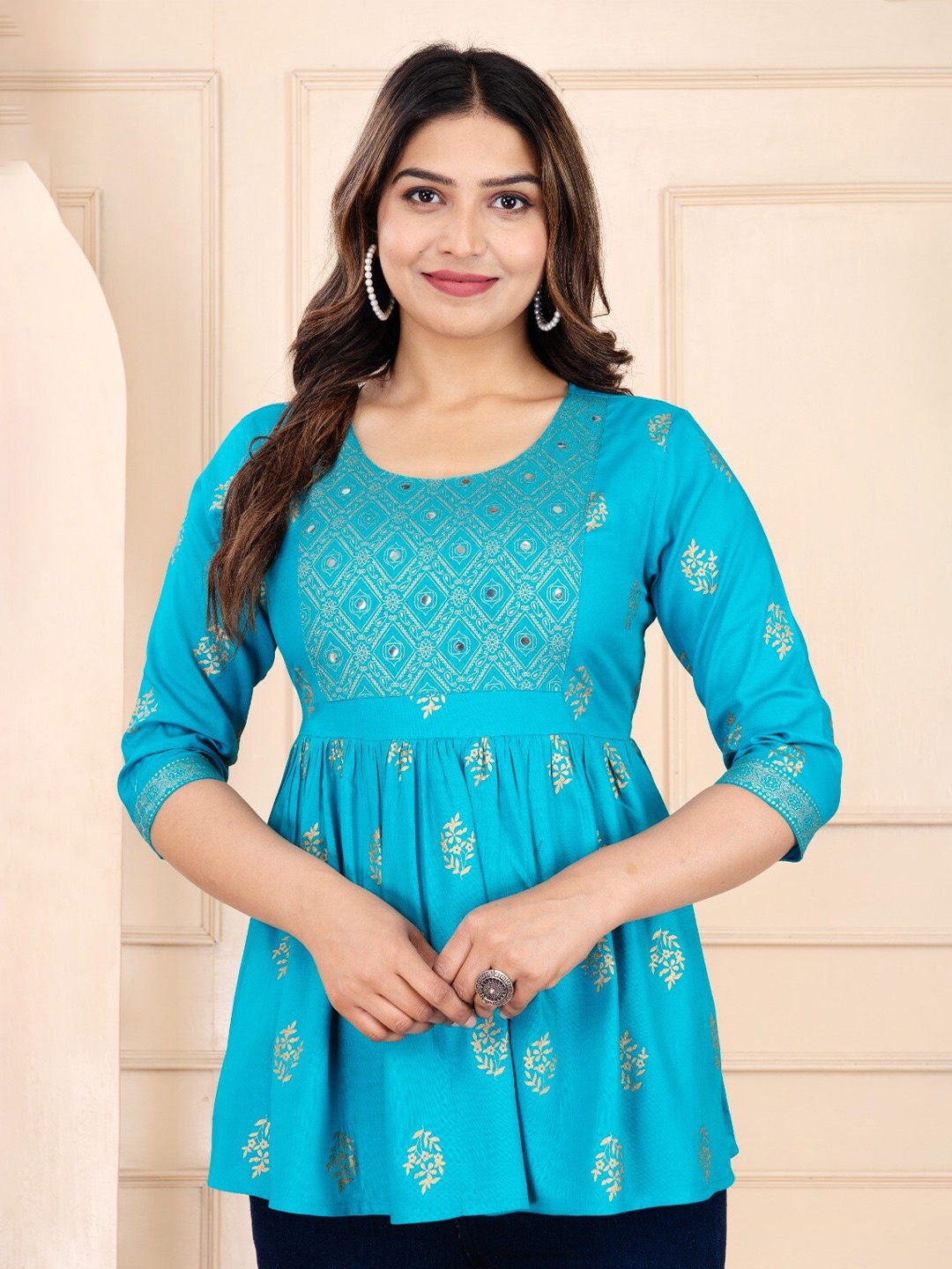 

BAESD Floral Printed Peplum Top, Turquoise blue