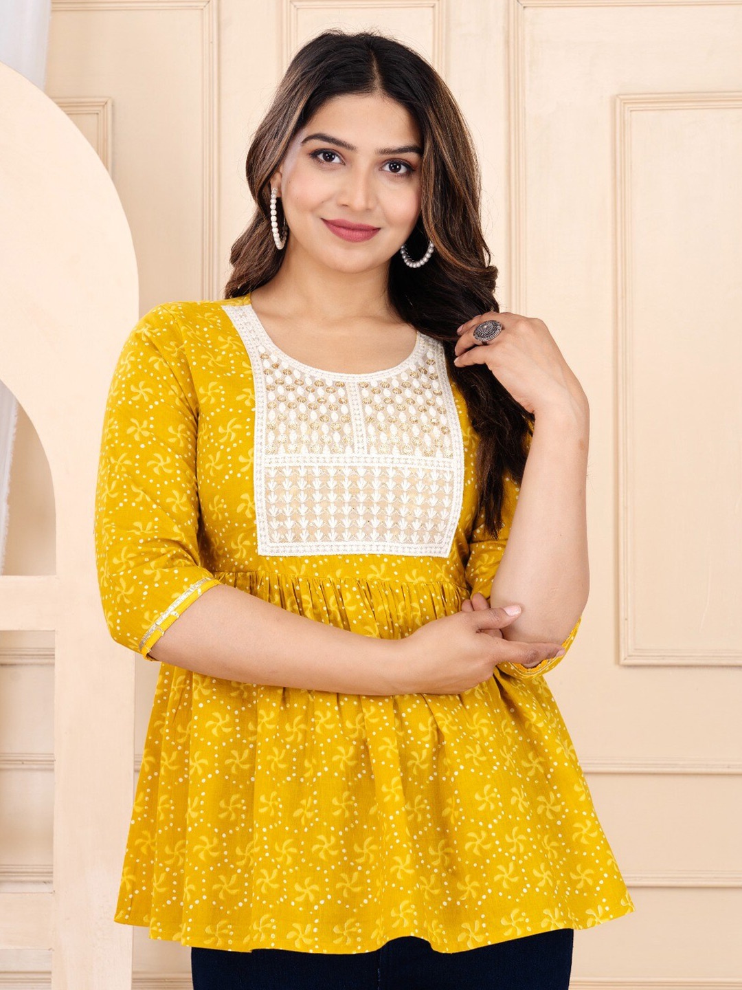 

BAESD Floral Embroidered Round Neck Cotton Top, Yellow