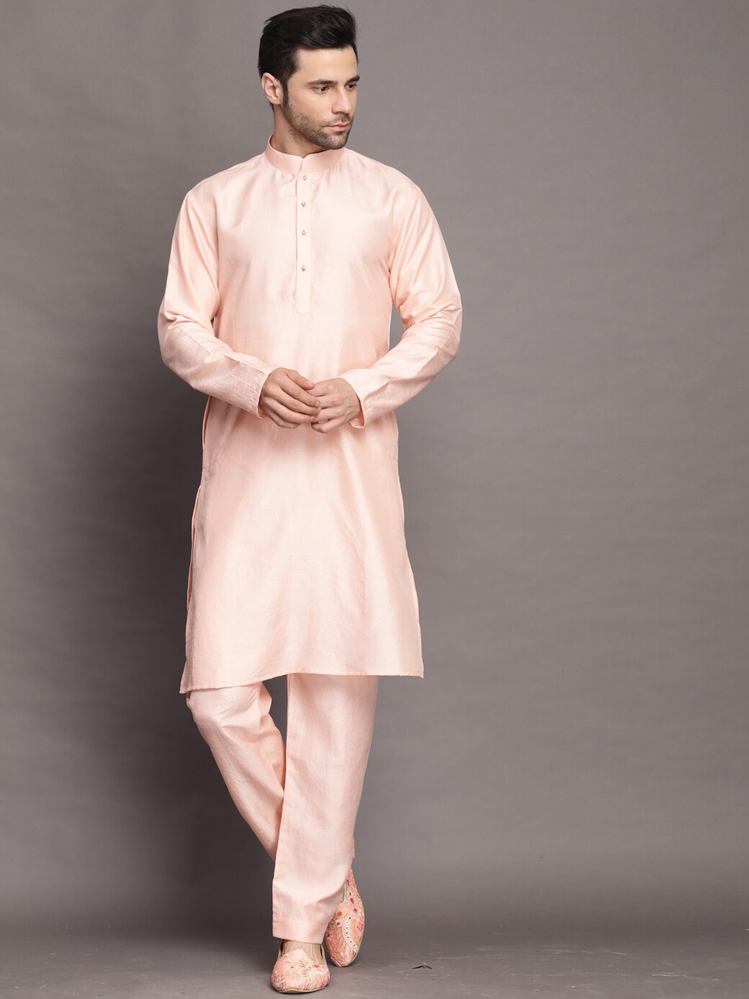 

Utsav Fashion Mandarin Collar Straight Kurta with Pyjamas, Peach