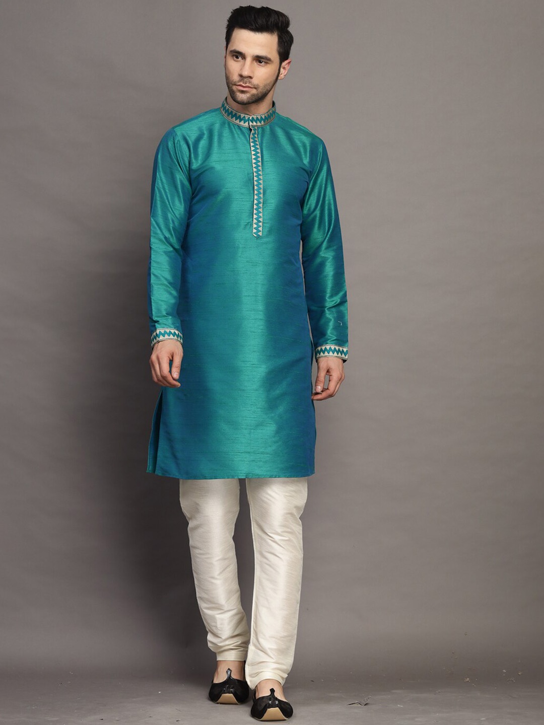 

Utsav Fashion Mandarin Collar Straight Kurta with Churidar, Teal