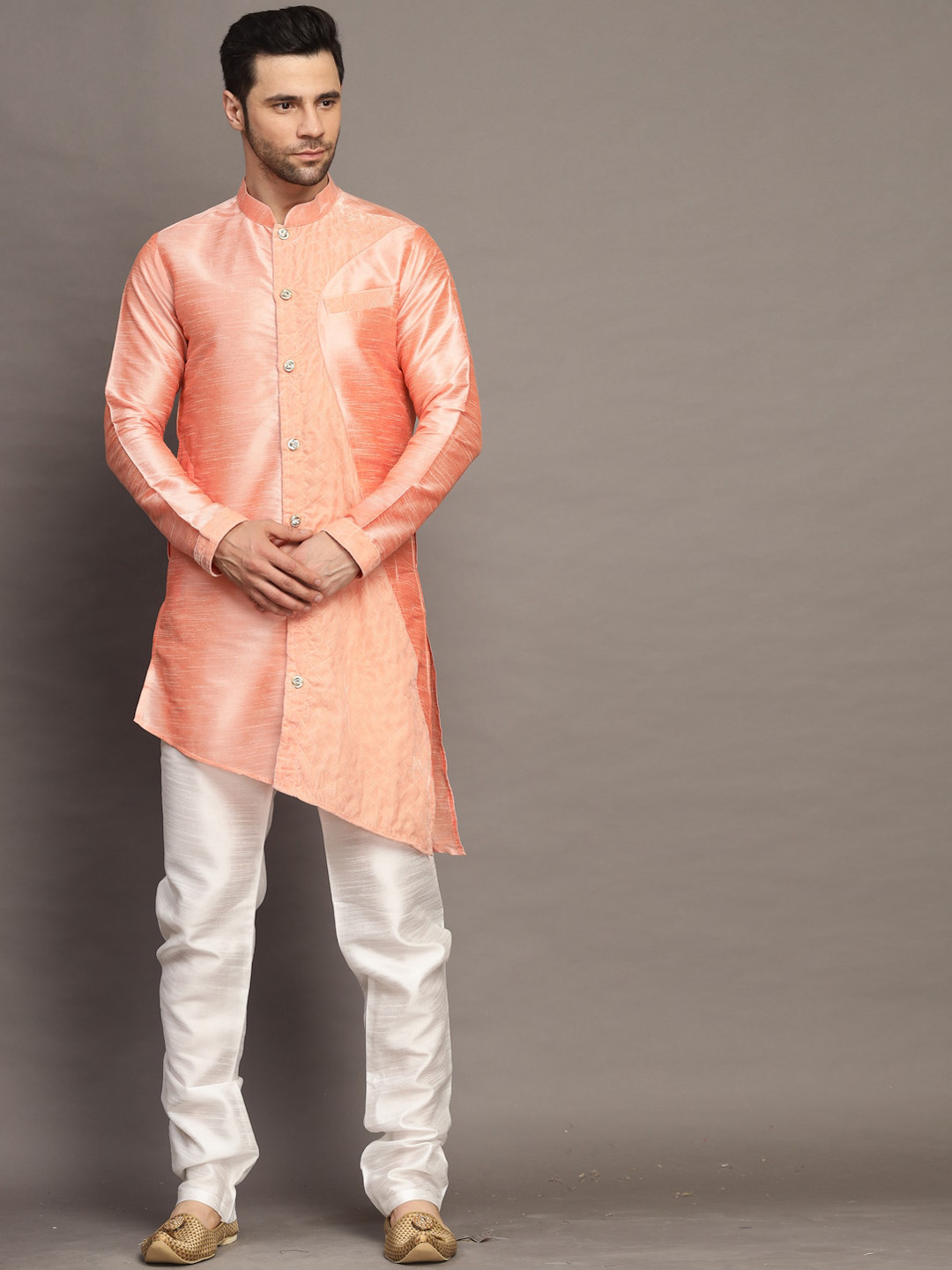 

Utsav Fashion Mandarin Collar Straight Kurta with Churidar, Peach