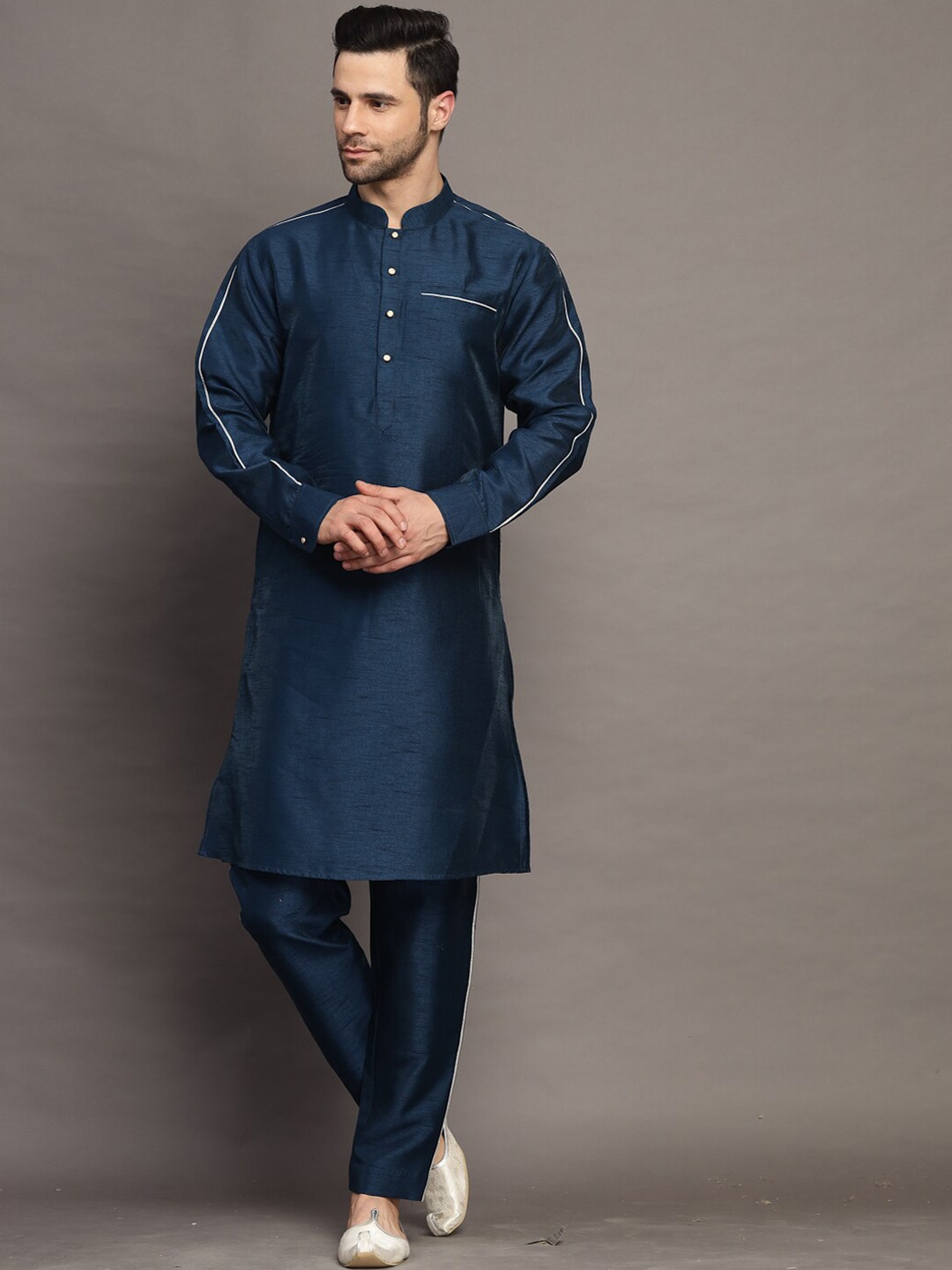 Utsav Fashion Mandarin Collar Straight Kurta with Trousers, Teal