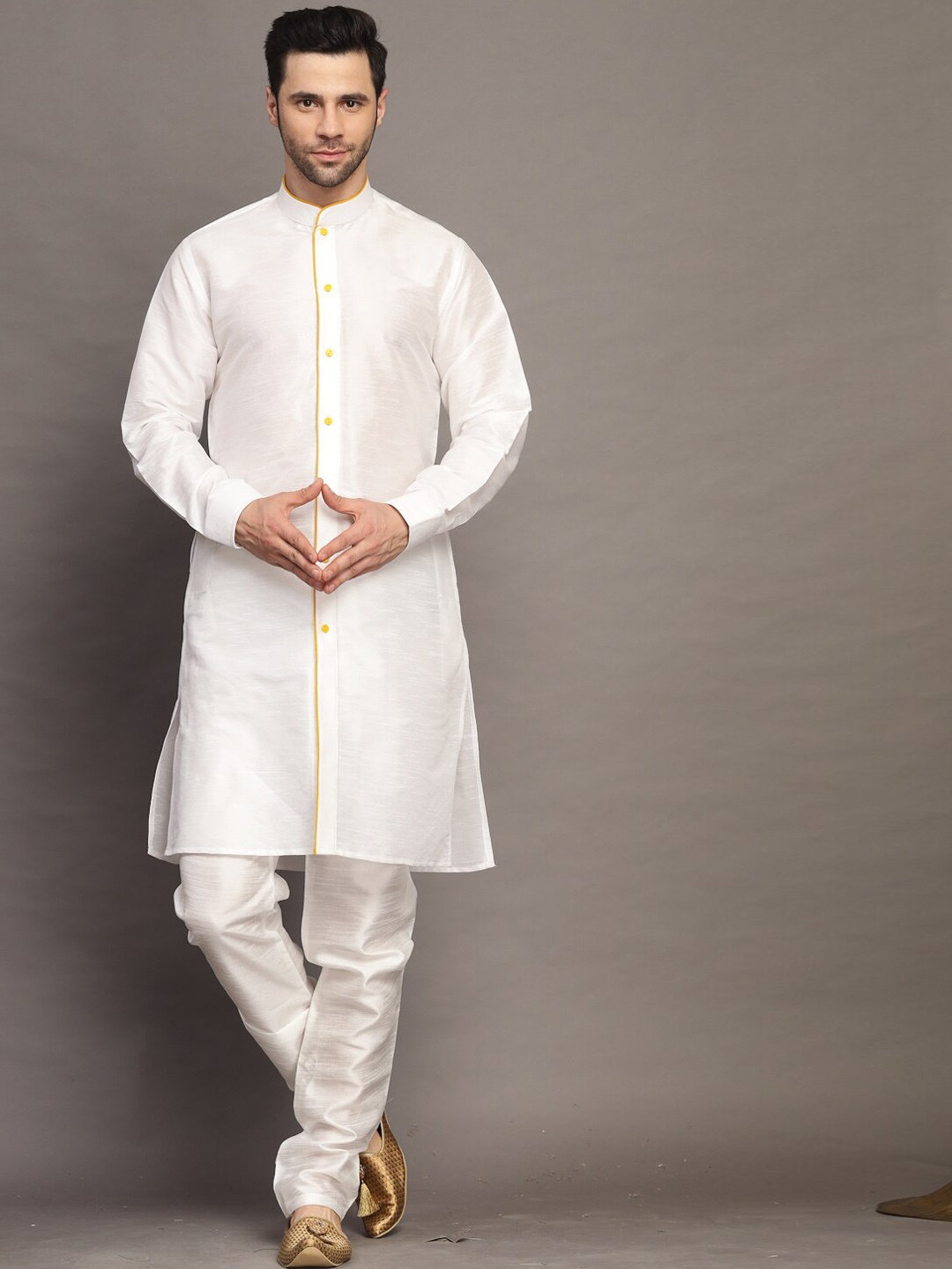 Utsav Fashion Mandarin Collar Straight Kurta with Churidar, Off white