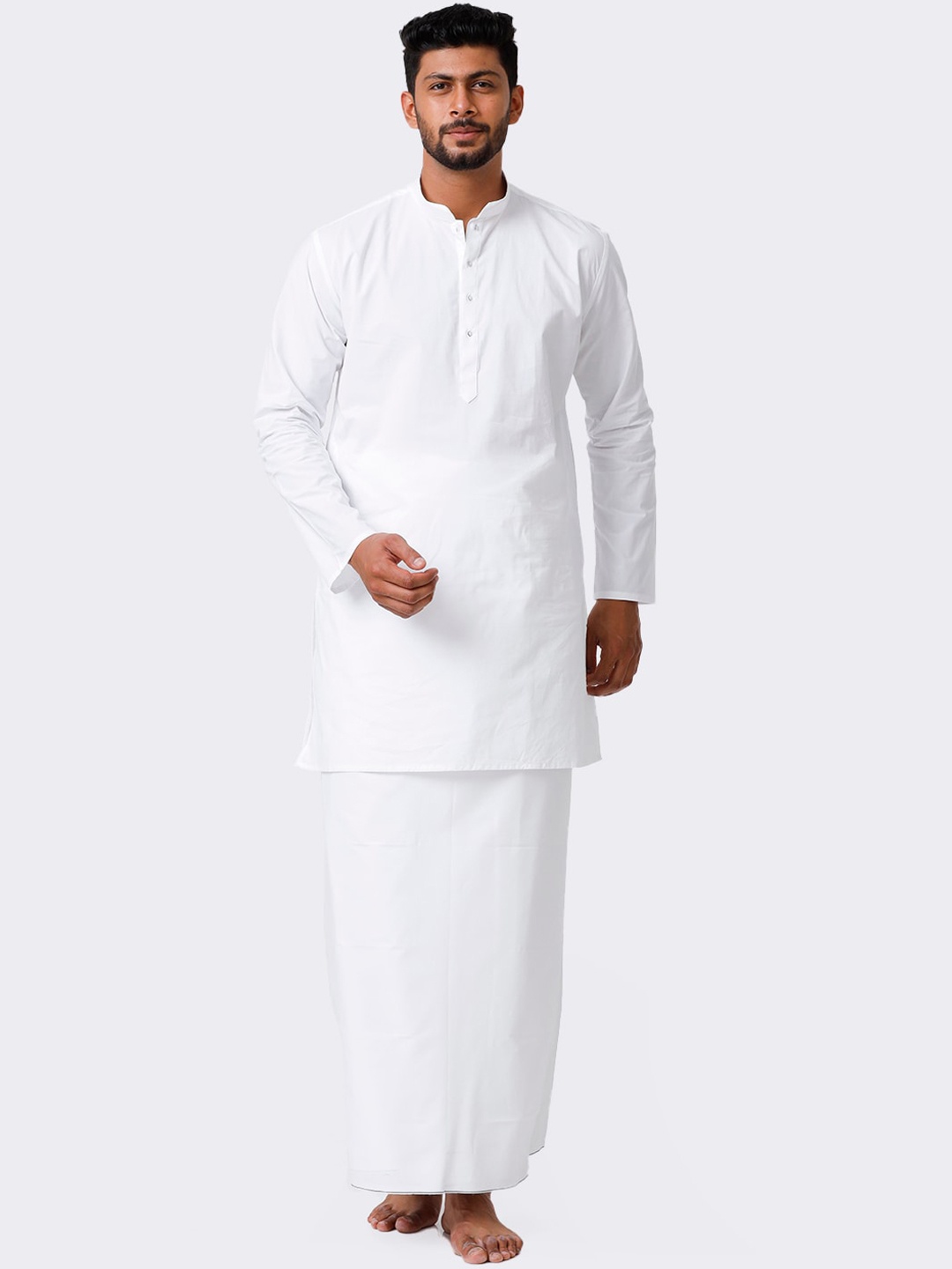 

Ramraj Mandarin Collar Straight Kurta With Quba Prayer Dhoti, White