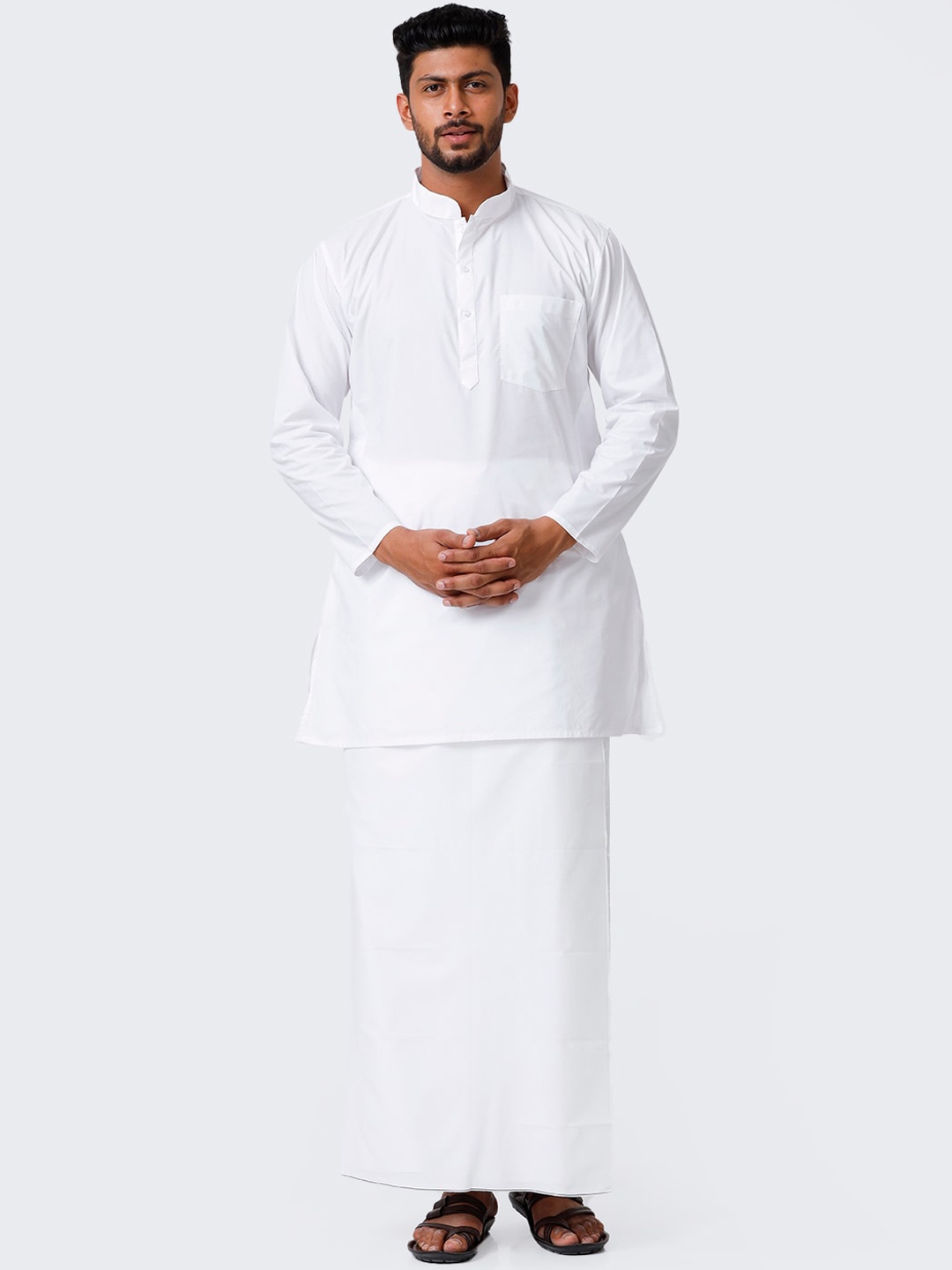 

Ramraj Mandarin Collar Straight Kurta With Prayer Dhoti Combo Alharam, White