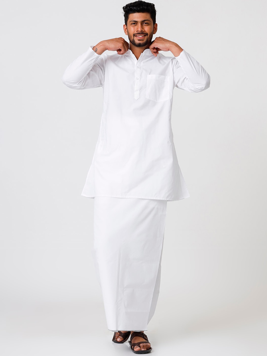 

Ramraj Mandarin Collar Straight Kurta With Prayer Dhoti Combo, White