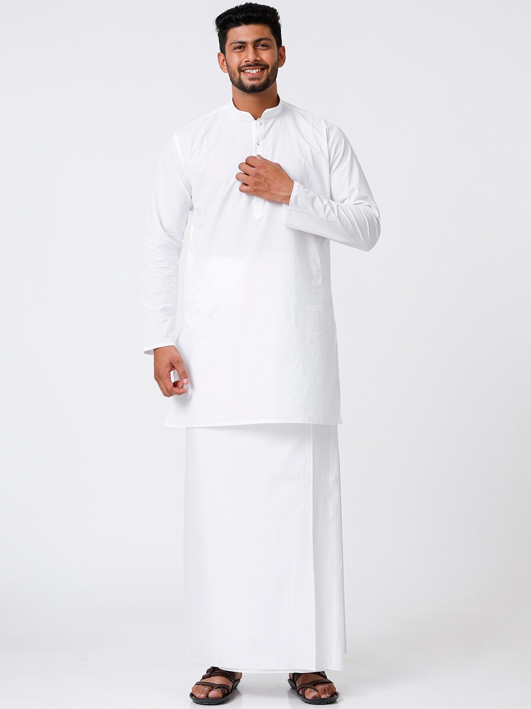 

Ramraj Mandarin Collar Straight Kurta With Dhoti, White