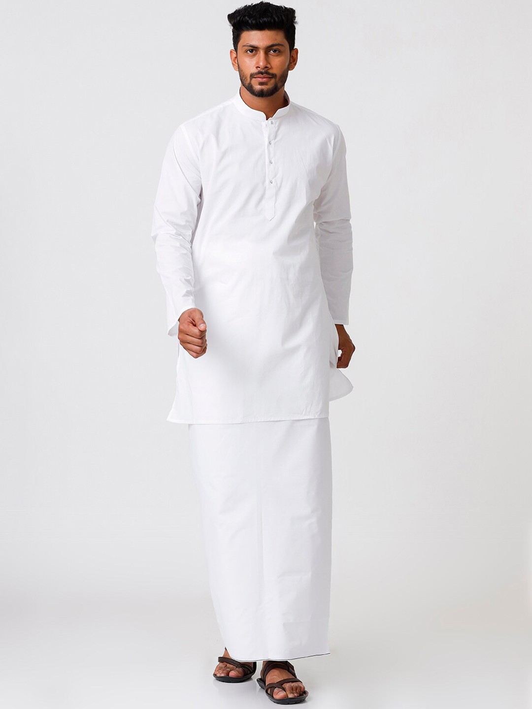 

Ramraj Mandarin Collar Straight Kurta With Prayer Dhoti Combo Alharam, White