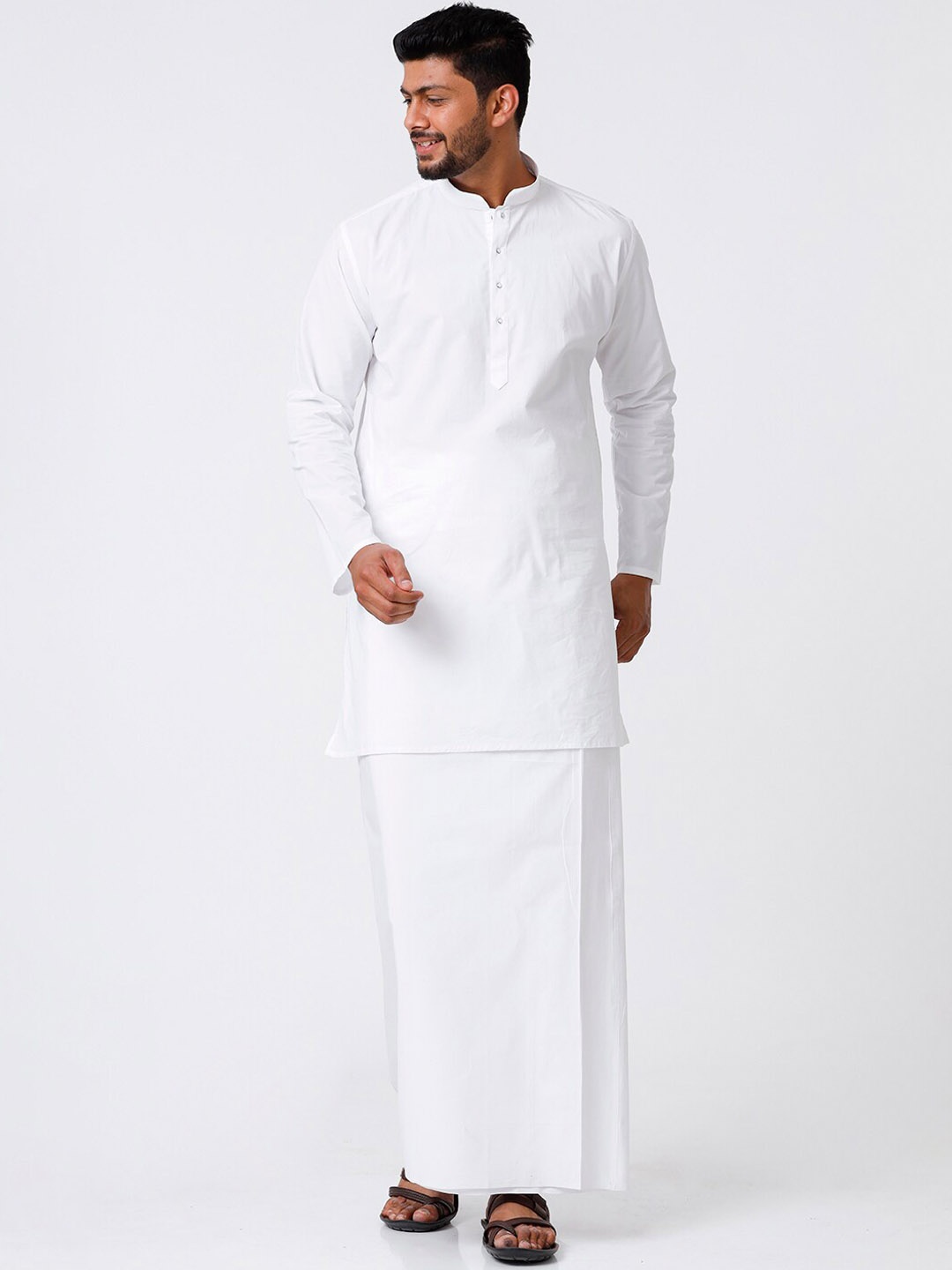 

Ramraj Mandarin Collar Straight Kurta With Stitched Prayer Dhoti, White