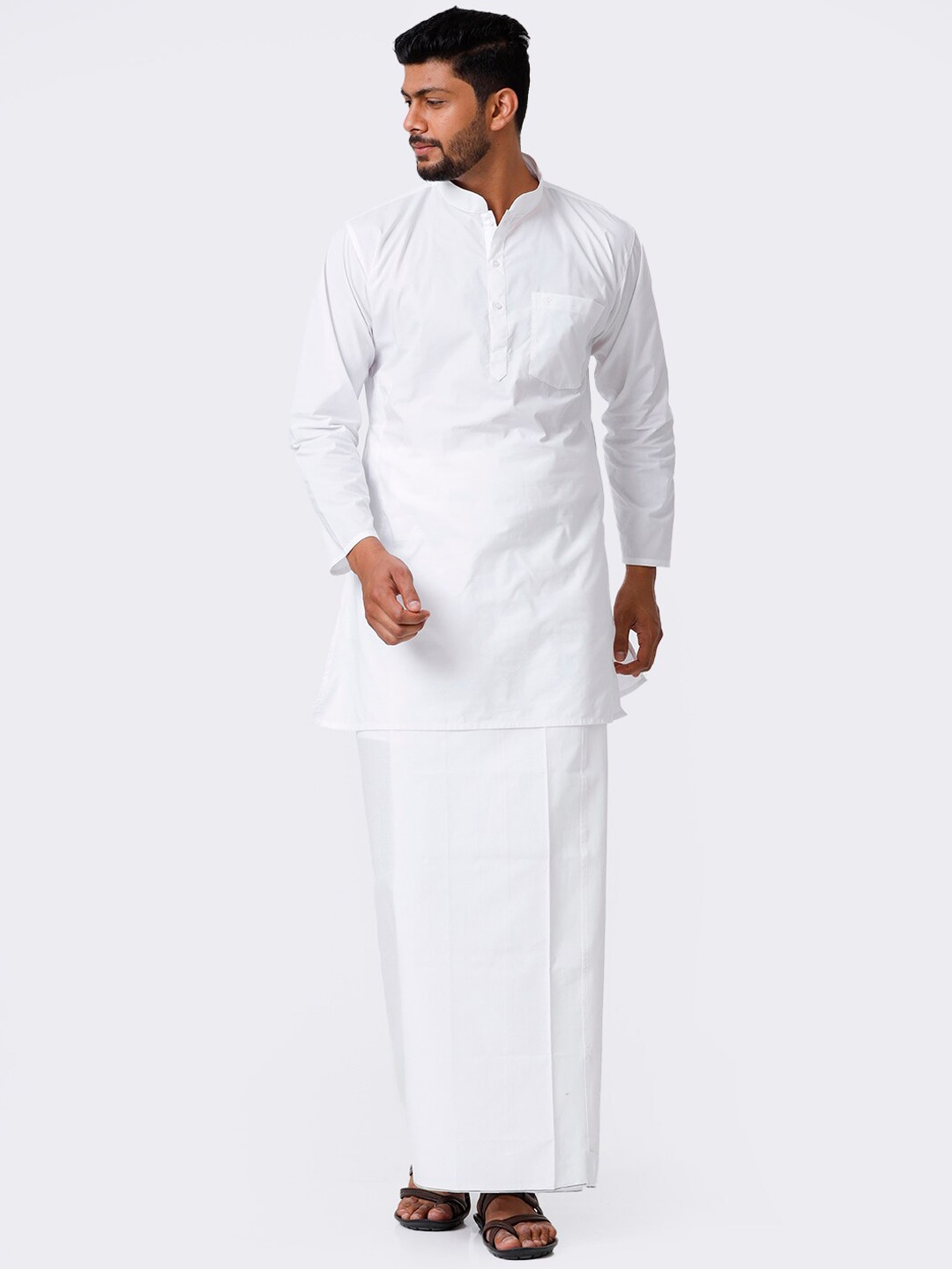 

Ramraj Mandarin Collar Straight Kurta With Stitched Prayer Dhoti, White