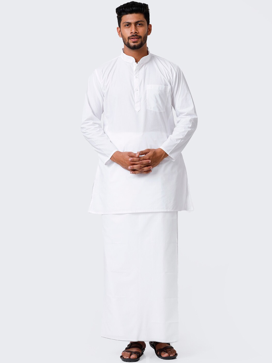 

Ramraj Mandarin Collar Straight Kurta With Prayer Dhoti, White