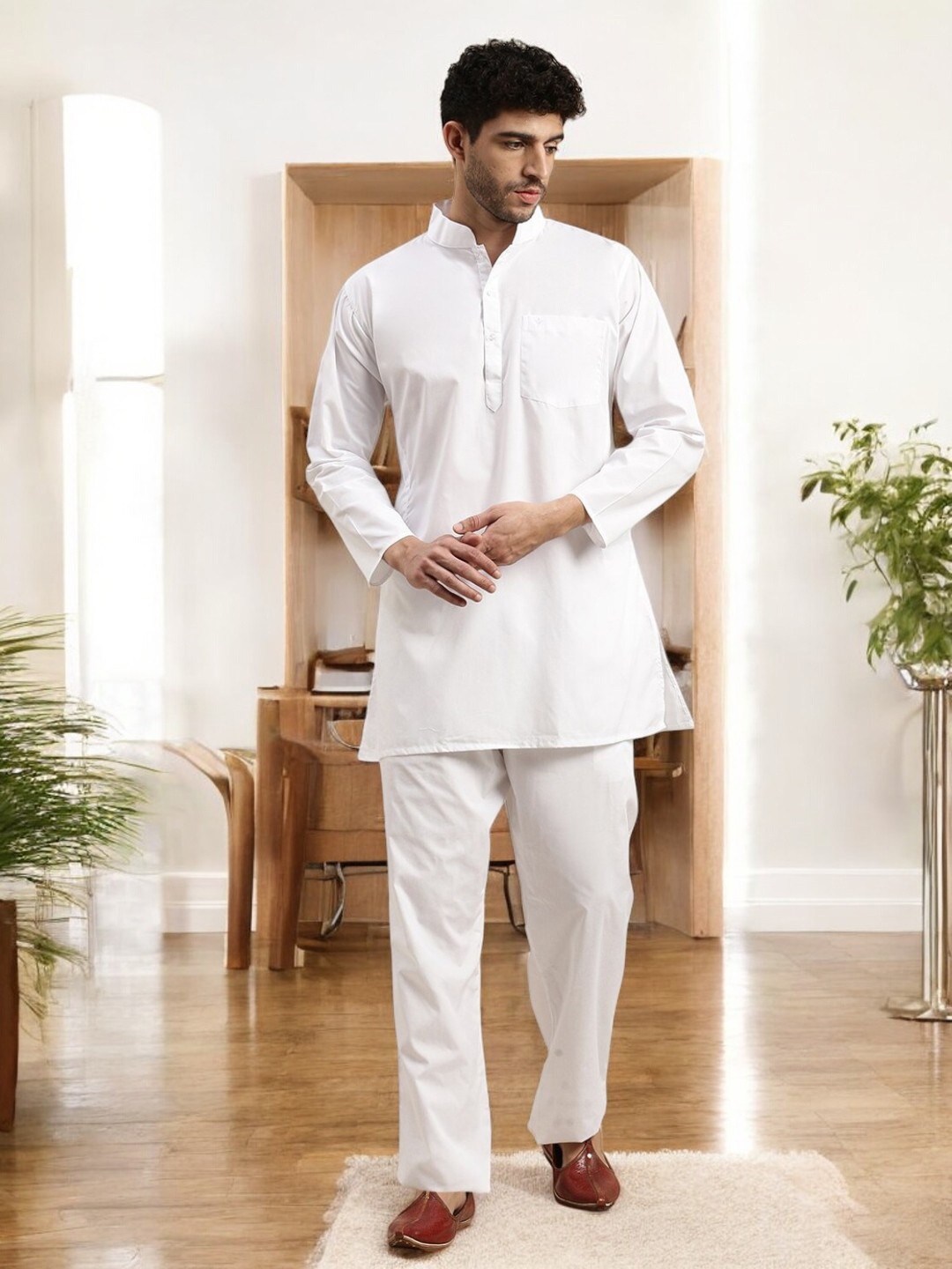 

Ramraj Mandarin Collar Straight Kurta With Pyjama, White