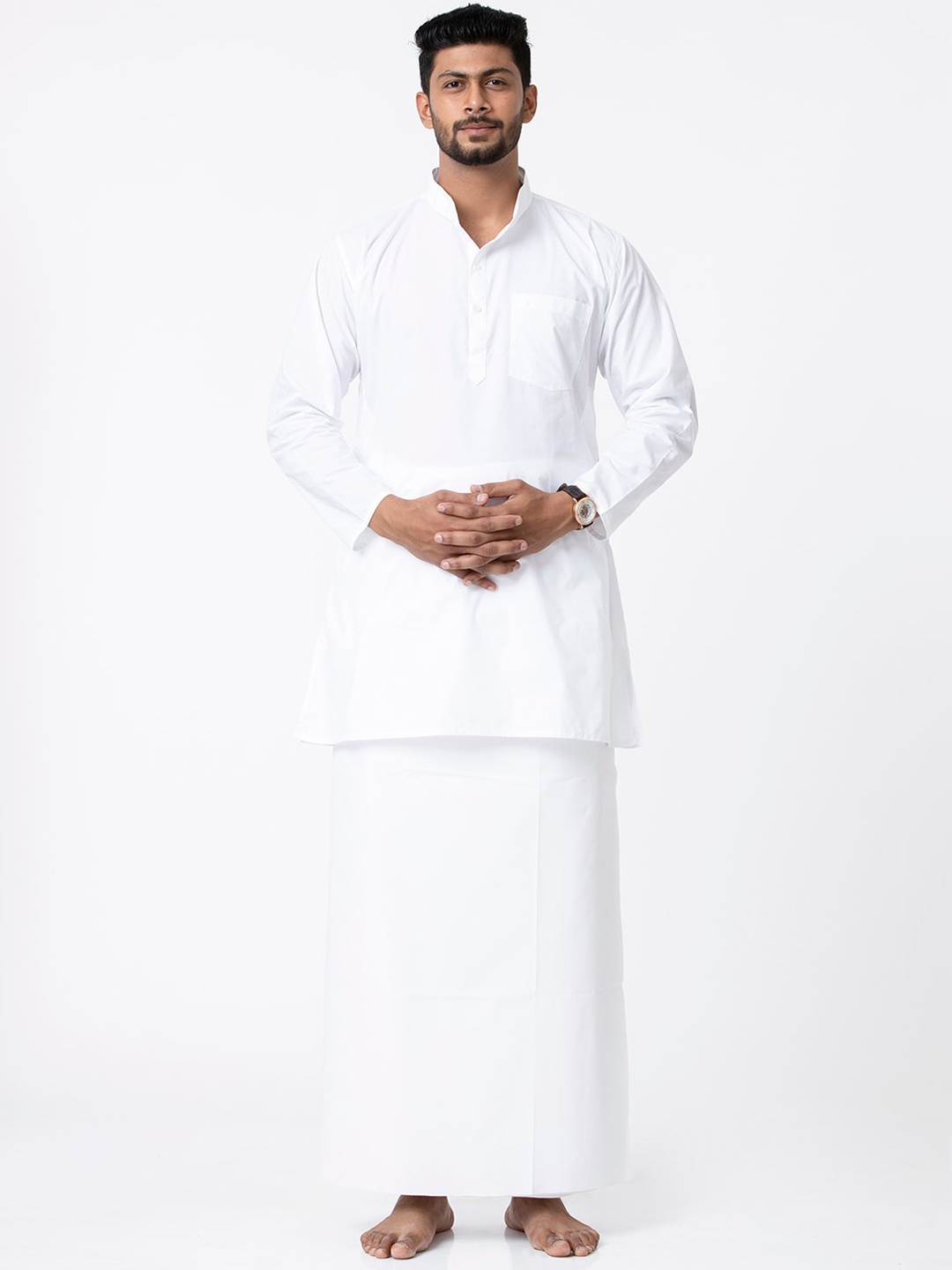 

Ramraj Mandarin Collar Straight Kurta With Prayer Dhoti Combo Alameen, White