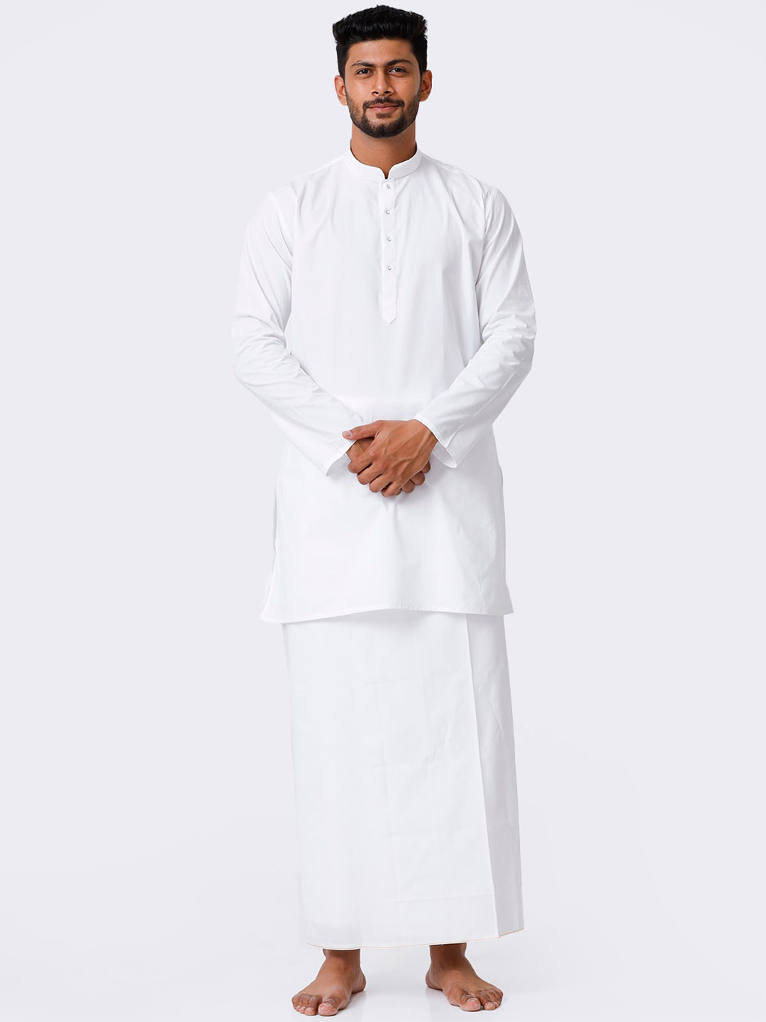 

Ramraj Mandarin Collar Straight Kurta With Stitched Prayer Dhoti, White