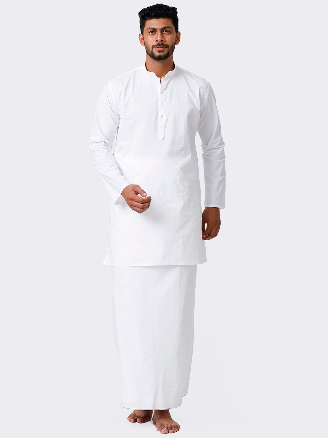 

Ramraj Mandarin Collar Straight Kurta With Alameen Prayer Dhoti, White