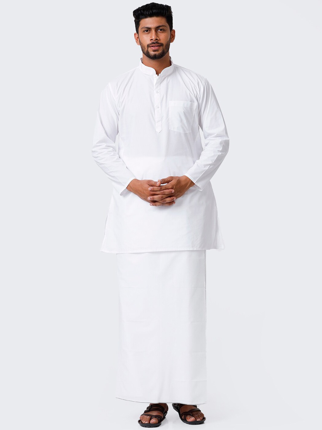 

Ramraj Mandarin Collar Straight Kurta With Prayer Dhoti, White