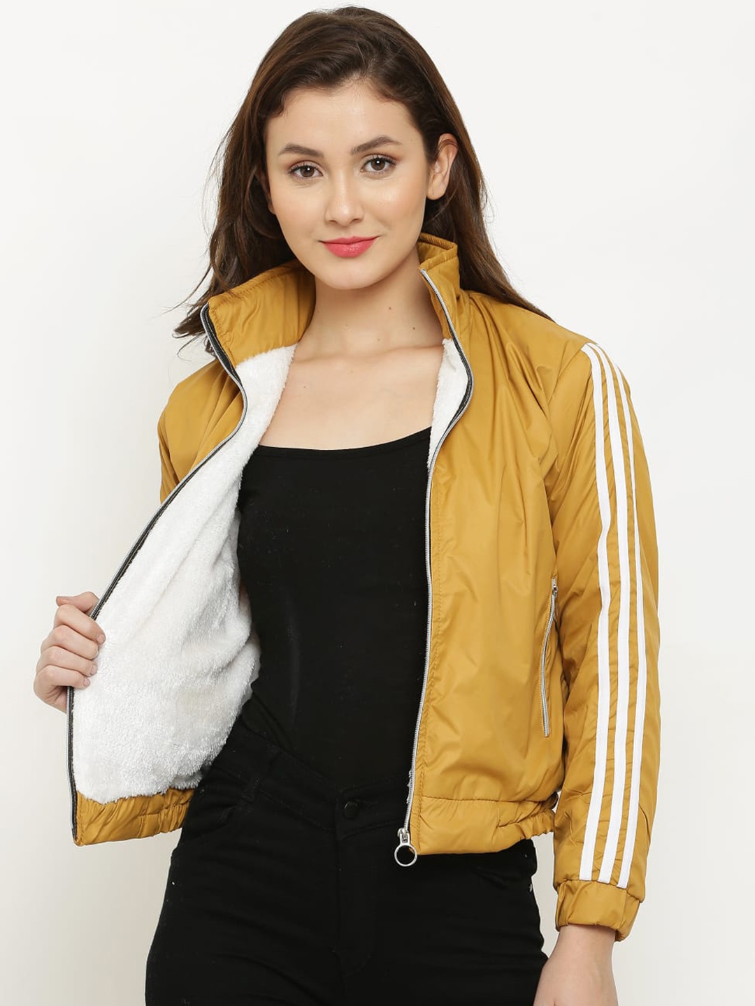 

Miaz Lifestyle Mock Collar Crop Cycling Sporty Jacket, Mustard