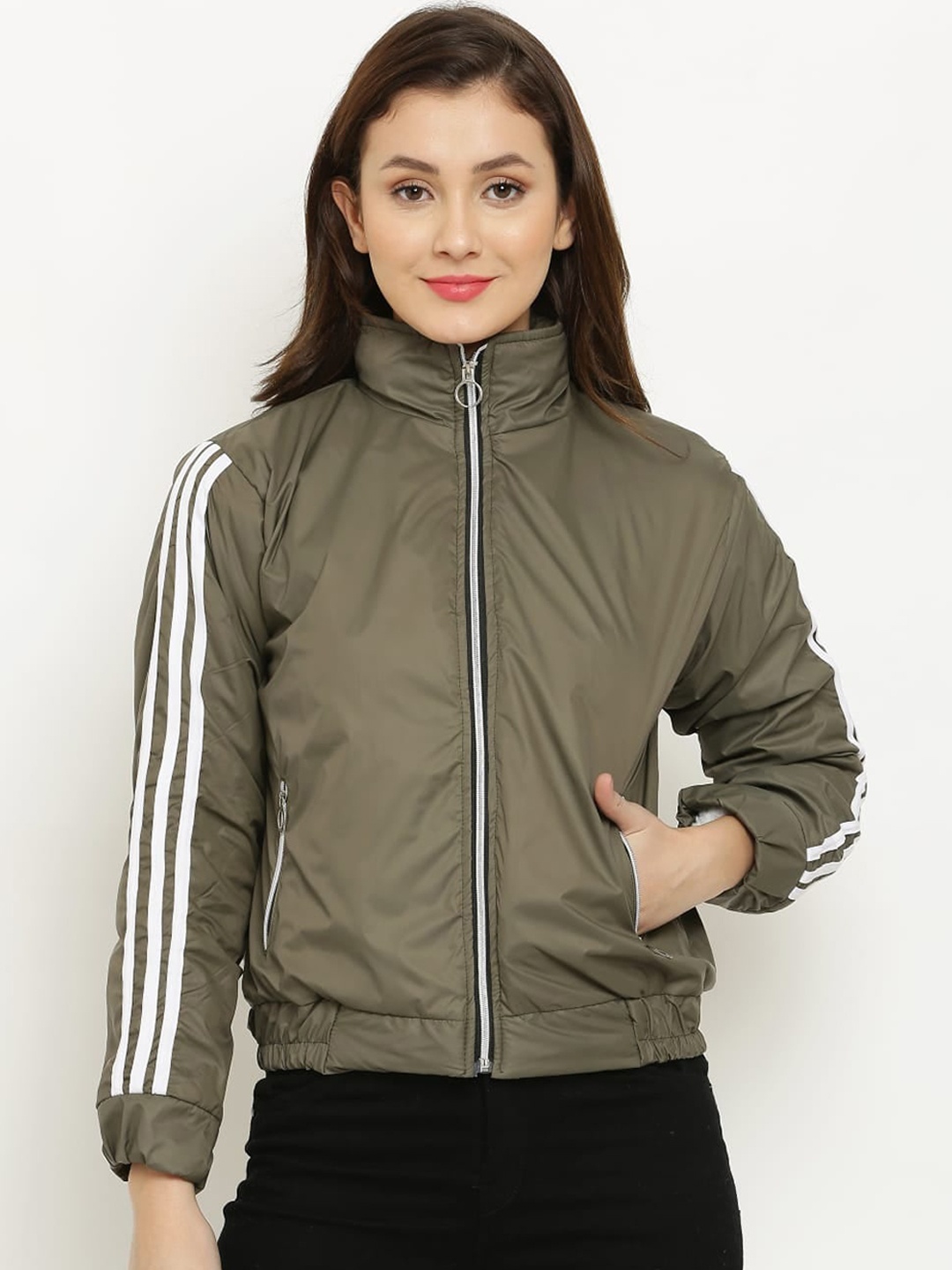 

Miaz Lifestyle Striped Mock Collar Cycling Padded Jacket, Olive