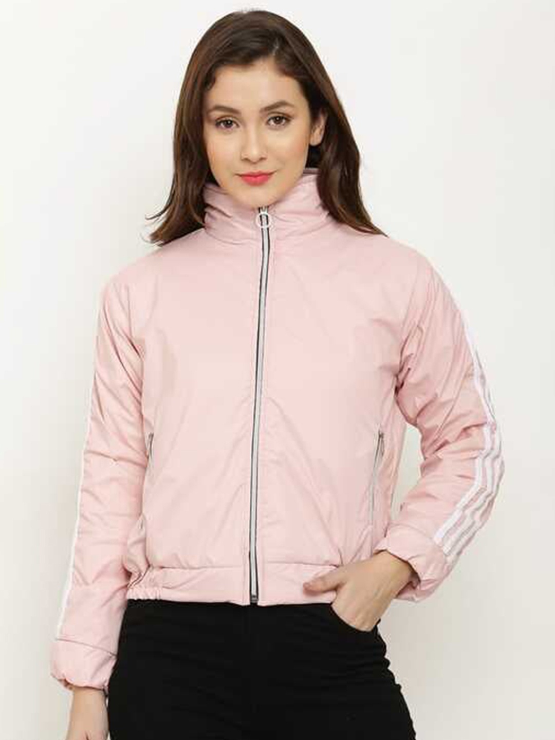 

Miaz Lifestyle Mock Collar Bomber Jacket, Peach