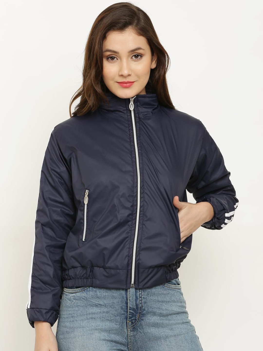 

Miaz Lifestyle Mock Collar Bomber Jacket, Navy blue