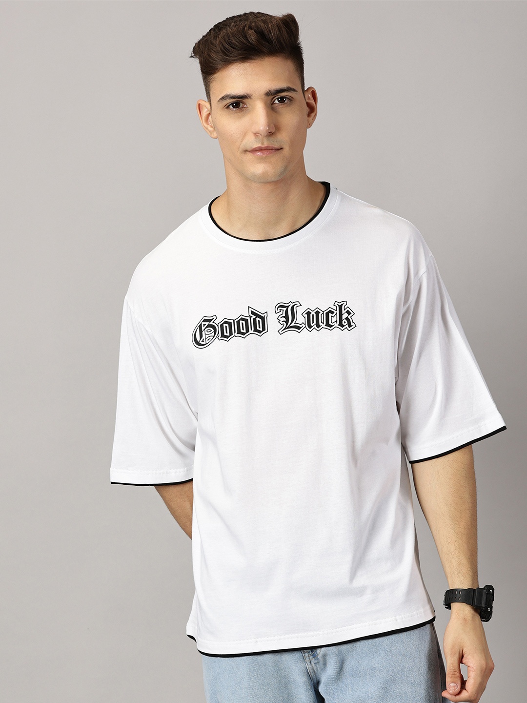 

THE HOLLANDER Typography Printed Drop Shoulder Sleeves Oversized Cotton T-shirt, White