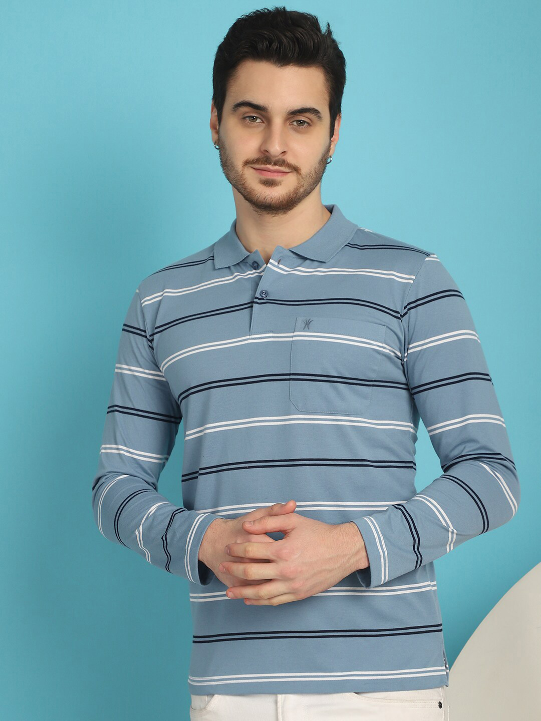 

VENITIAN Striped Polo Collar Cotton Slim Fit T-shirt, Blue