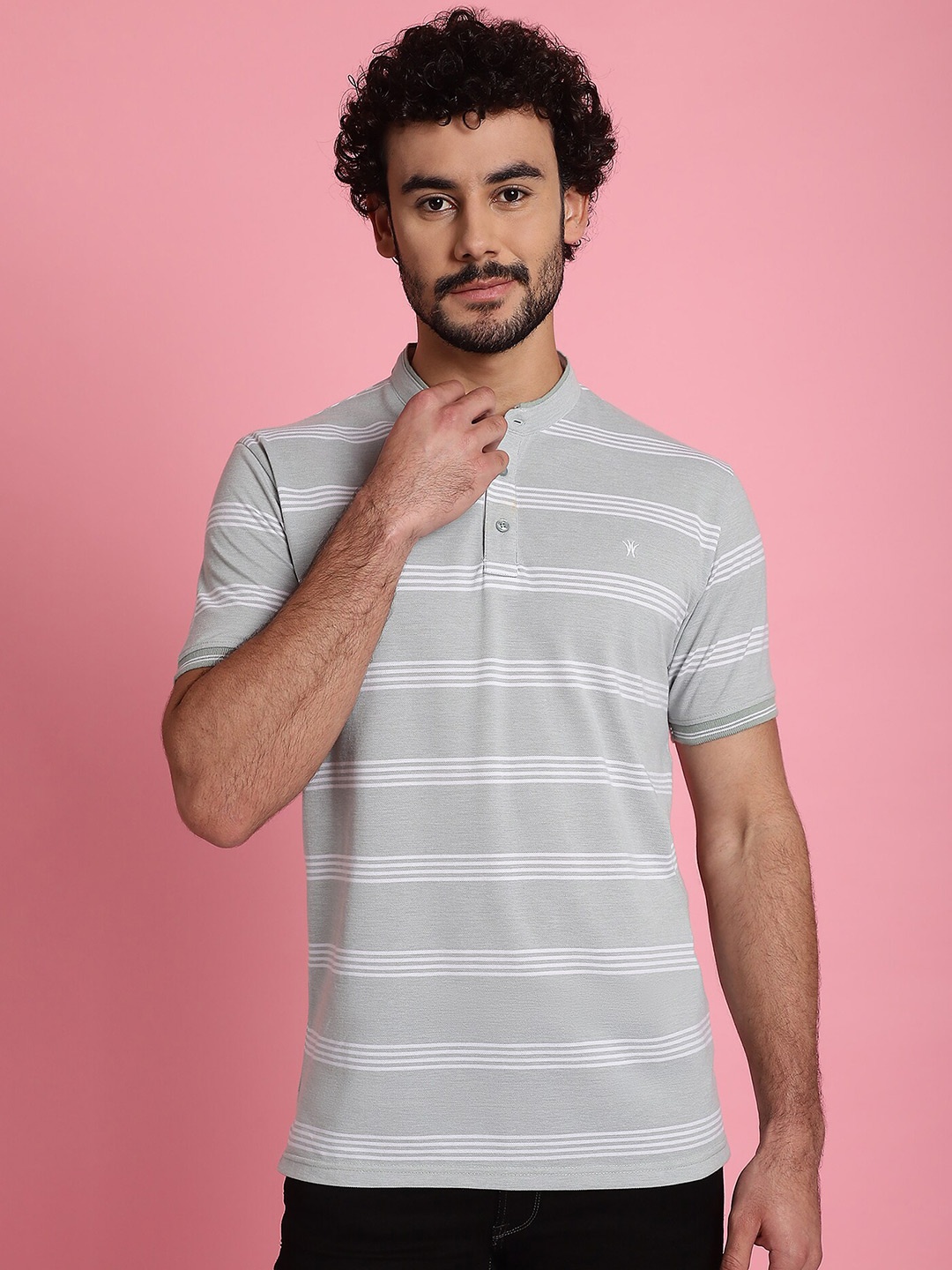 

VENITIAN Striped Henley Neck Cotton Slim Fit T-shirt, Lime green