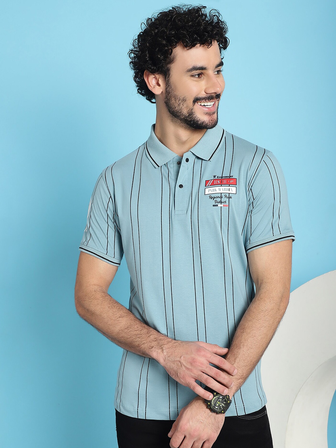 

VENITIAN Striped Polo Collar Cotton Slim Fit T-shirt, Blue