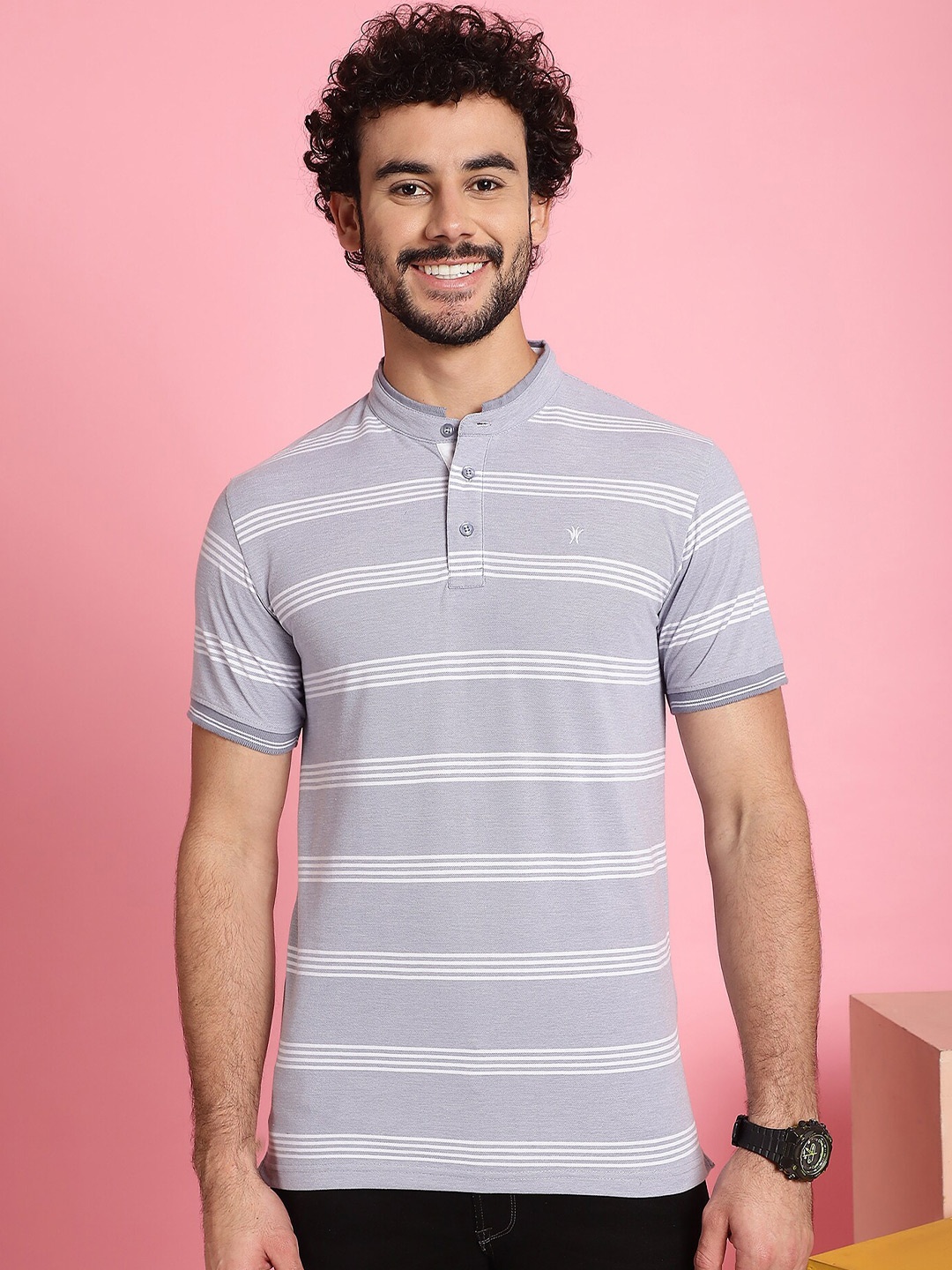 

VENITIAN Striped Henley Neck Cotton Slim Fit T-shirt, Grey melange