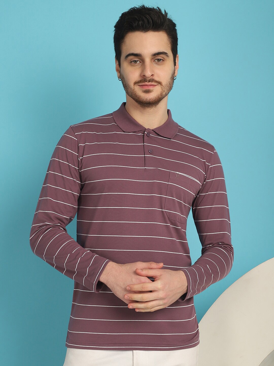 

VENITIAN Striped Polo Collar Cotton Slim Fit T-shirt, Purple