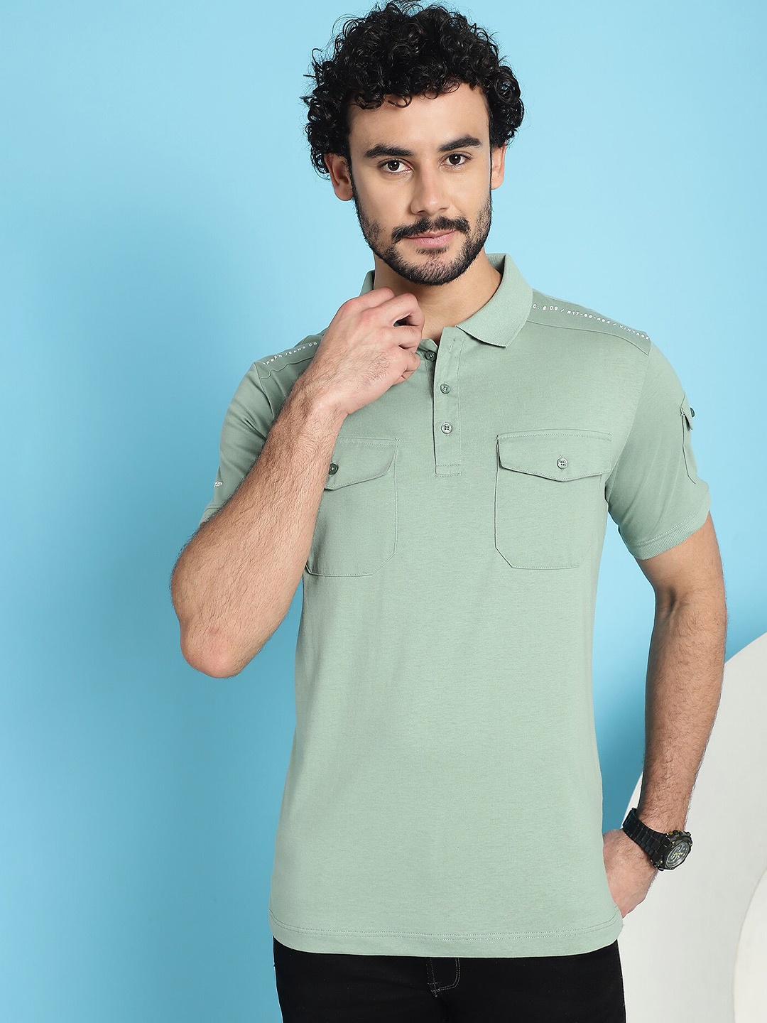 

VENITIAN Polo Collar Cotton Slim Fit T-shirt, Green