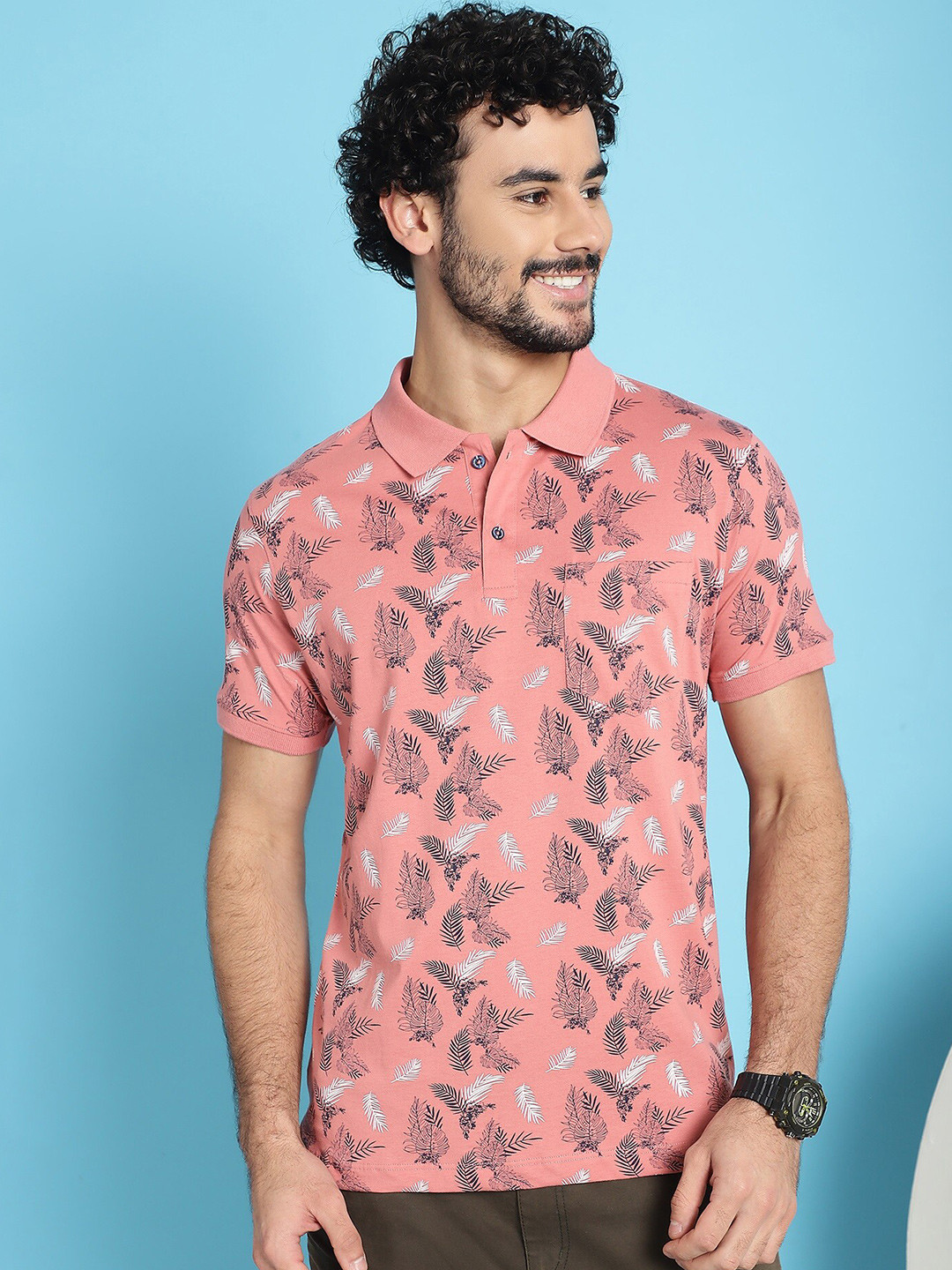 

VENITIAN Floral Printed Polo Collar Cotton Slim Fit T-shirt, Pink