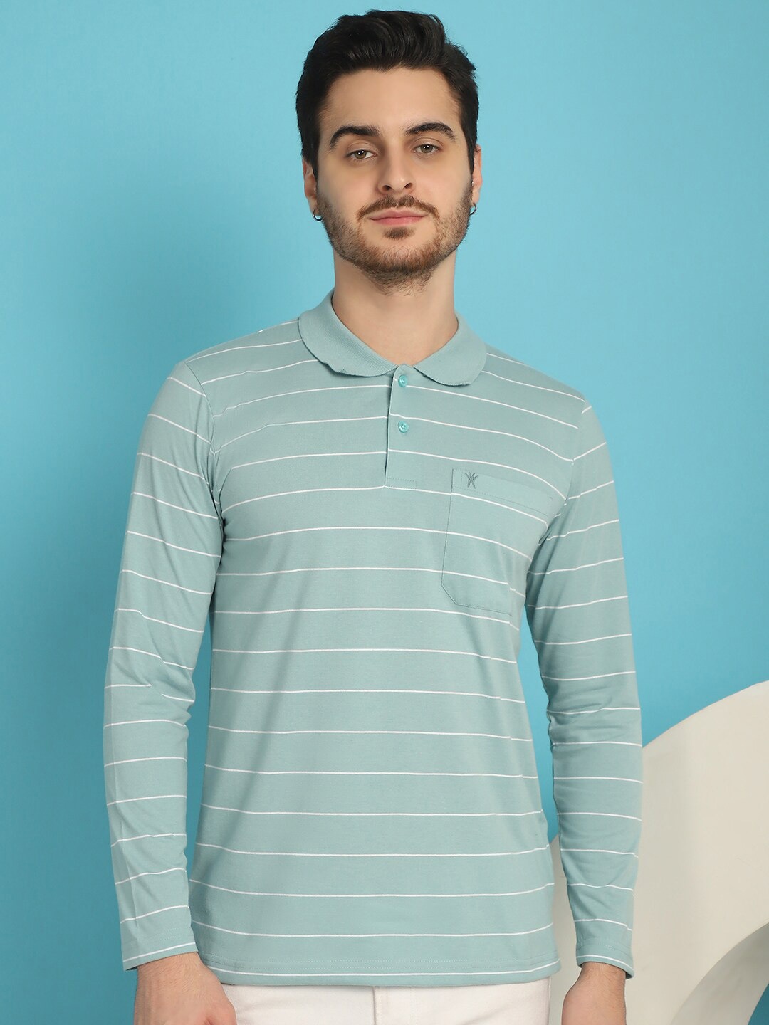 

VENITIAN Striped Polo Collar Cotton Slim Fit T-shirt, Sea green