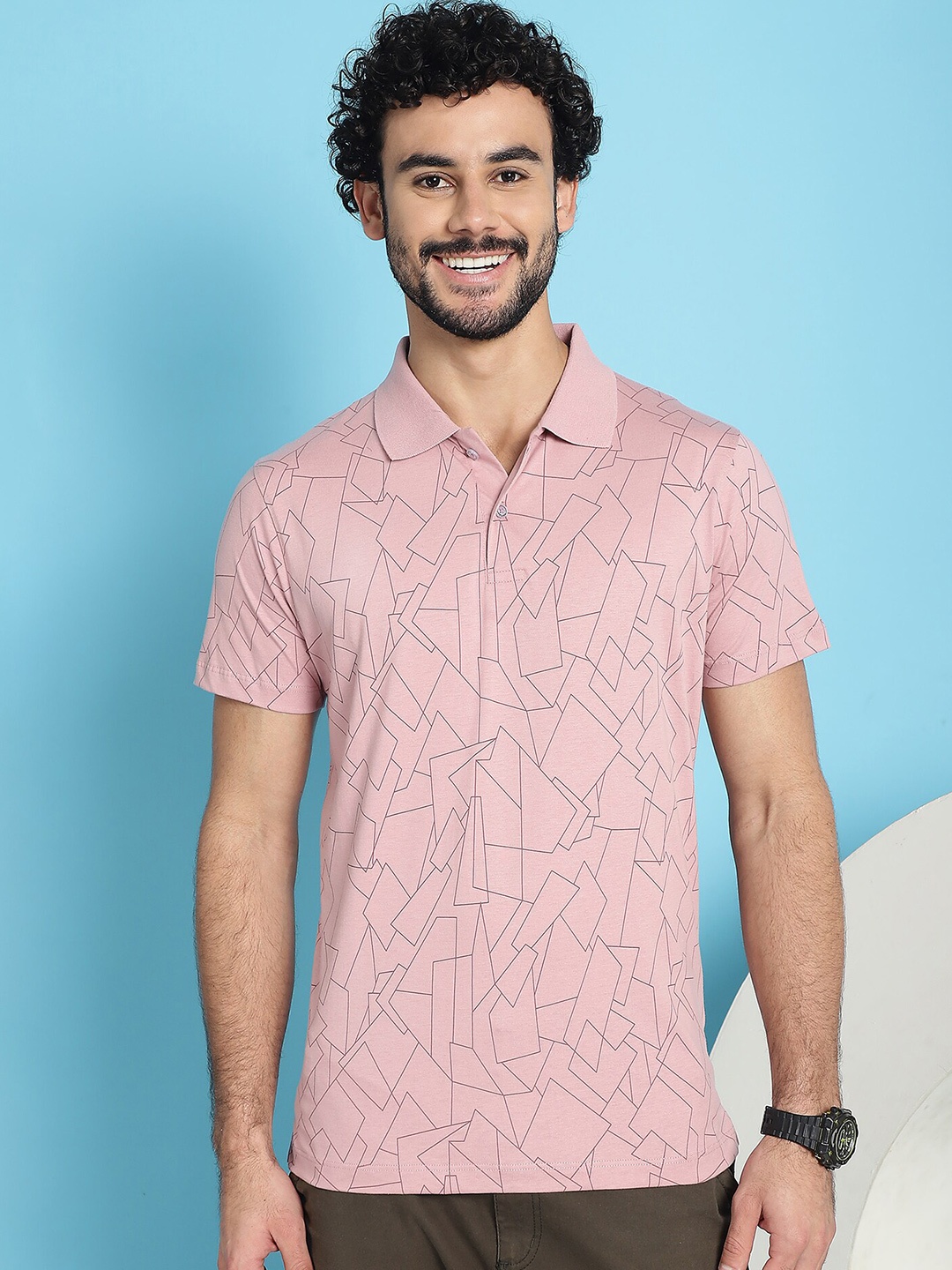 

VENITIAN Geometric Printed Polo Collar Cotton Slim Fit T-shirt, Pink