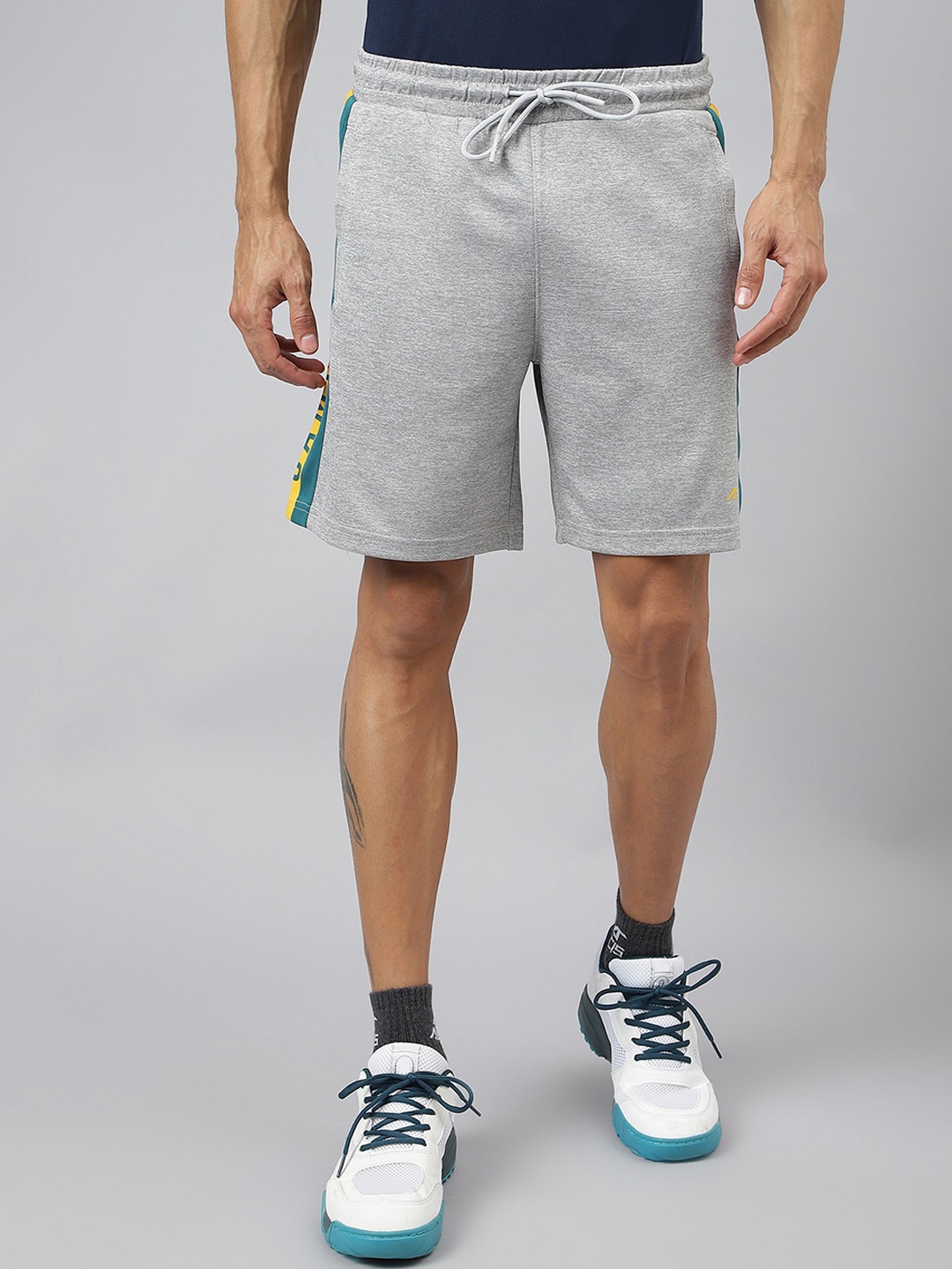 

Alcis Men Athleisure Typography Printed Slim Fit Mid-Rise Yoga Sports Shorts, Grey melange