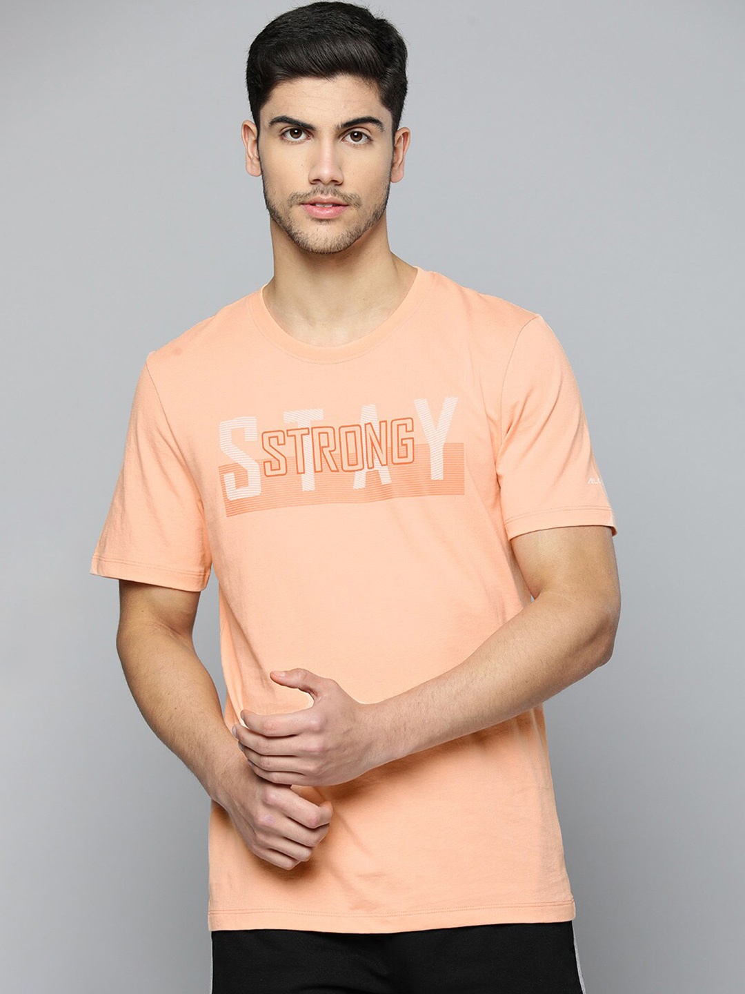 Alcis Typography Printed Anti Static Slim Fit Sports T-shirt, Peach
