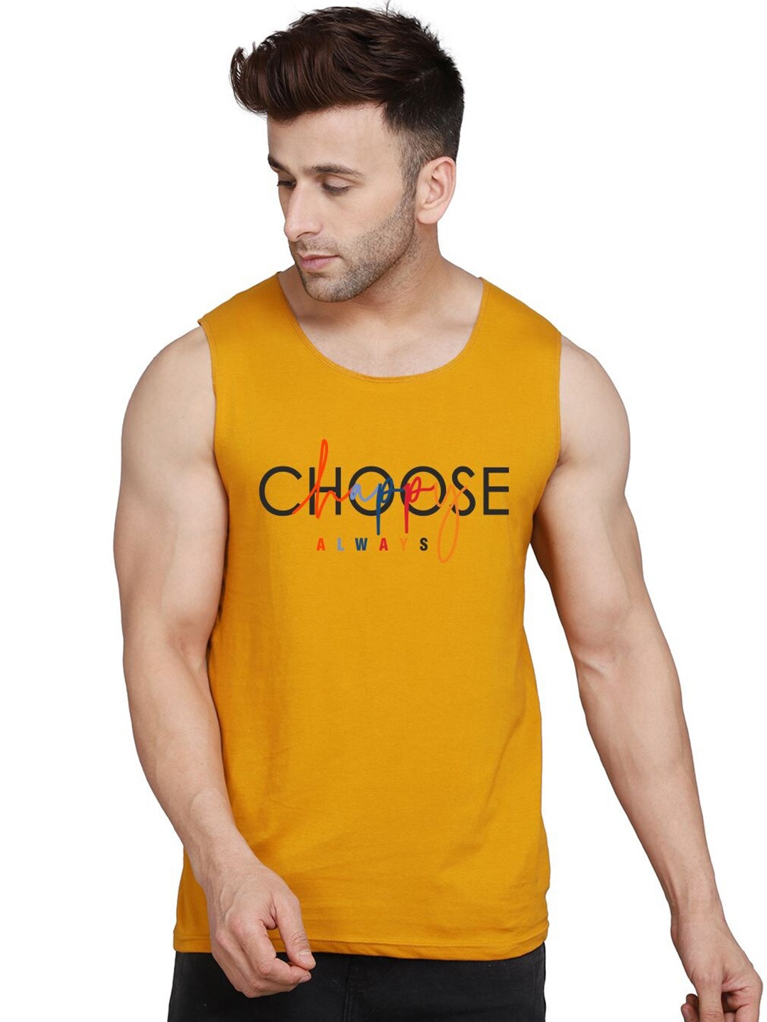 

SLOWLORIS Typography Printed Bio Wash Innerwear Vest, Mustard