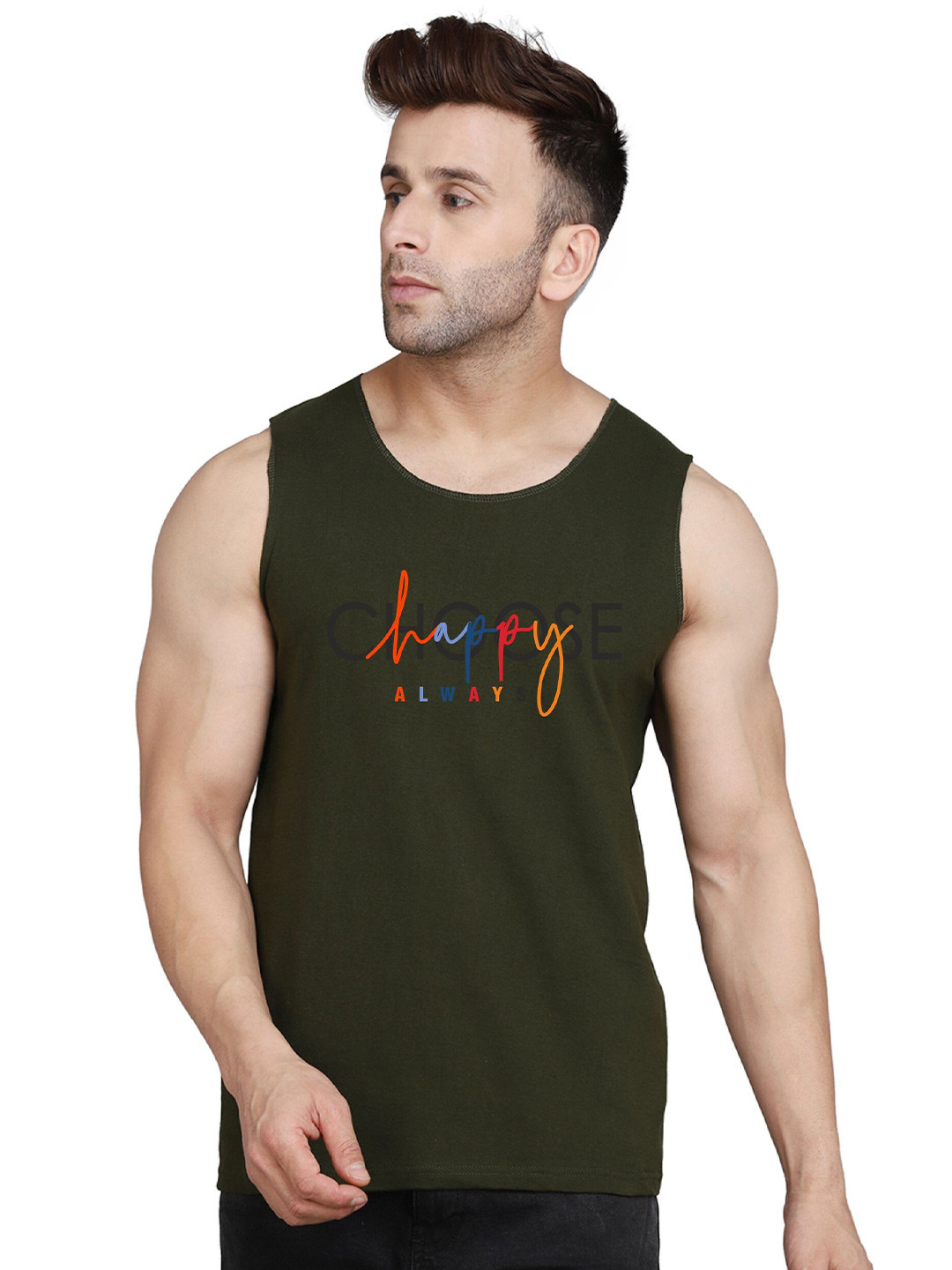 

SLOWLORIS Typography Printed Bio Wash Innerwear Vest, Olive