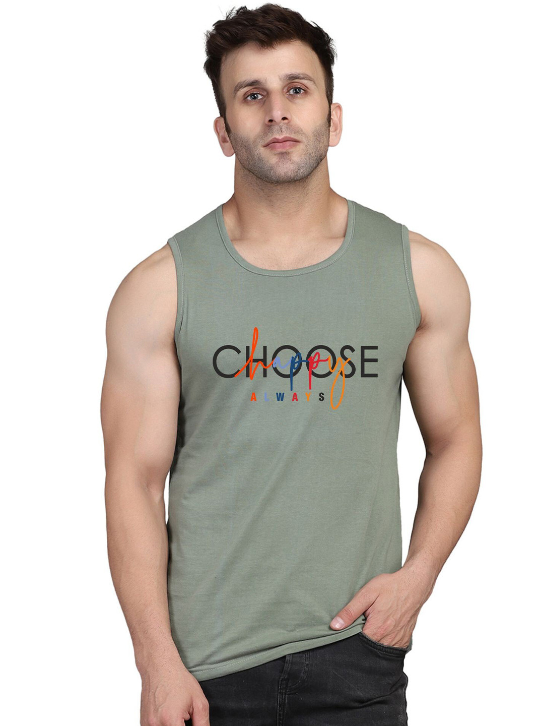

SLOWLORIS Typography Printed Bio Wash Innerwear Vest, Green