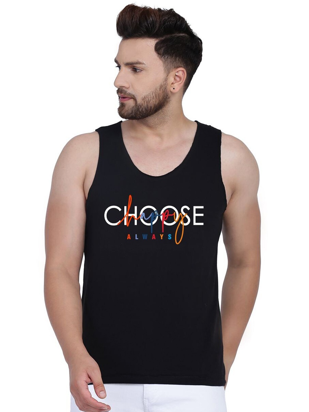 SLOWLORIS Typography Printed Bio Wash Innerwear Vest, Black