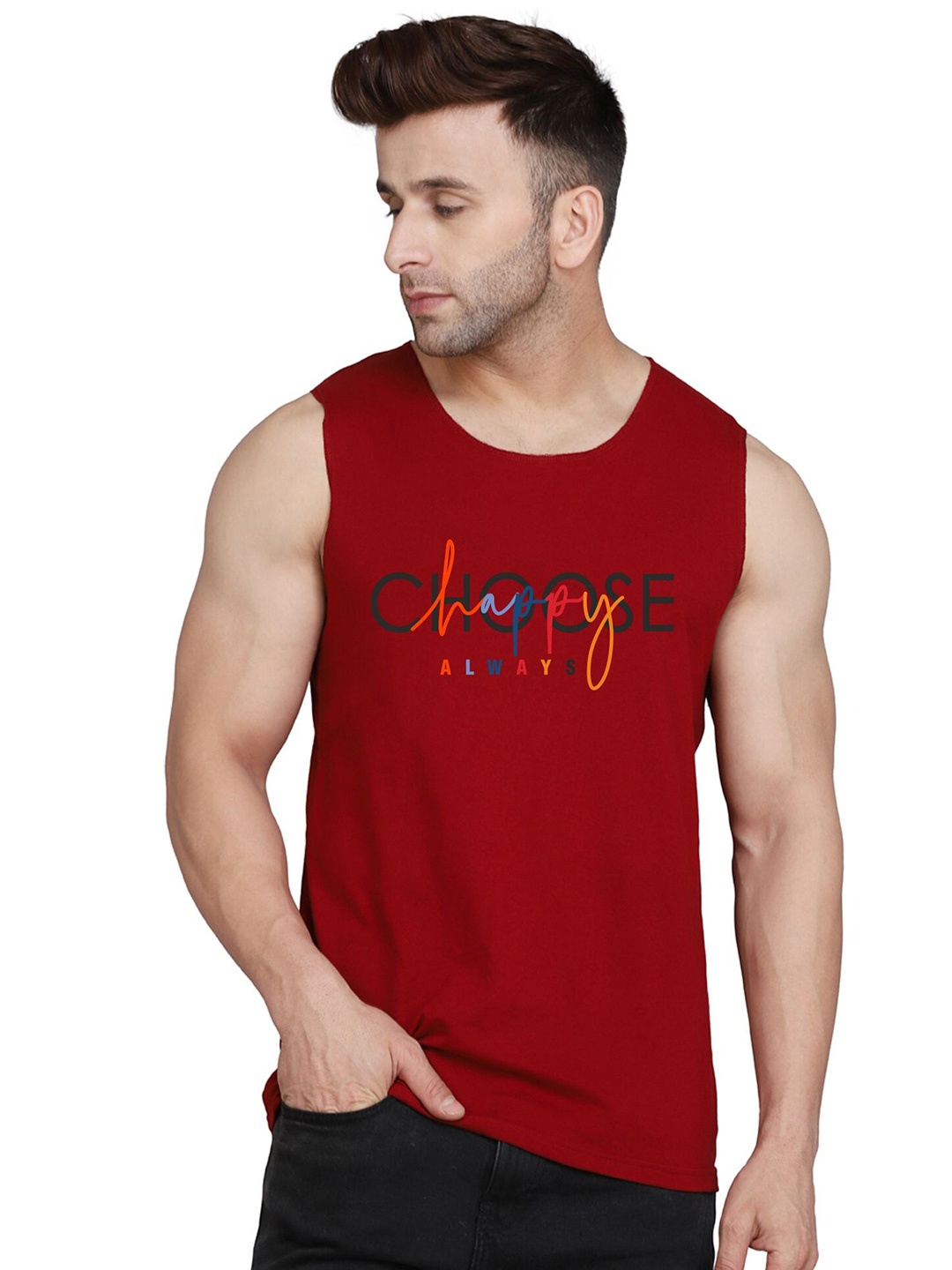 

SLOWLORIS Typography Printed Bio Wash Innerwear Vest, Maroon