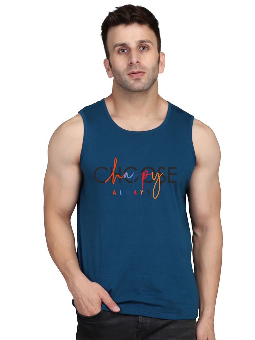 

SLOWLORIS Typography Printed Bio Wash Innerwear Vest, Teal