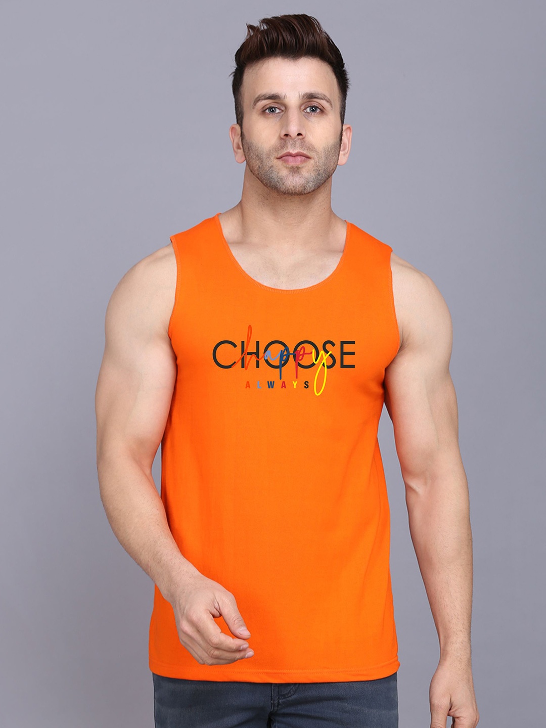 

SLOWLORIS Round Neck Printed Sleeveless Cotton T-shirt, Orange