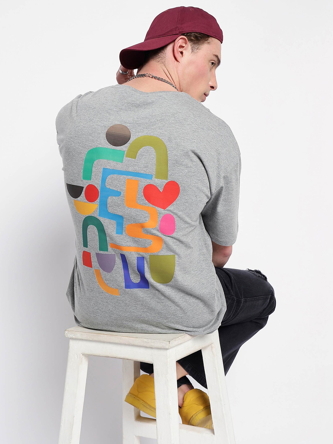 

Mast & Harbour Grey Abstract Printed Drop-Shoulder Sleeves Cotton Oversized T-shirt