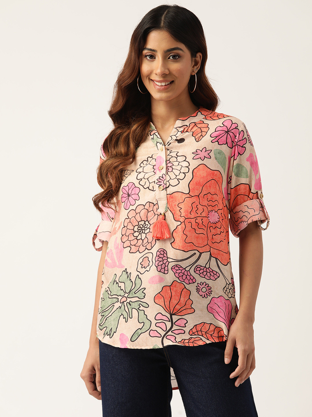

Monte Carlo Floral Print Mandarin Collar Shirt Style Top, Pink