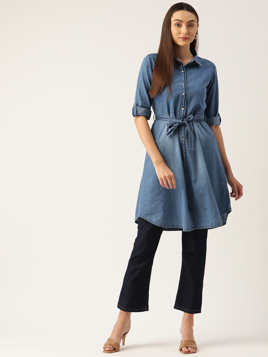 

Monte Carlo Roll-Up Sleeves Denim Shirt Style Longline Top with Belt, Blue