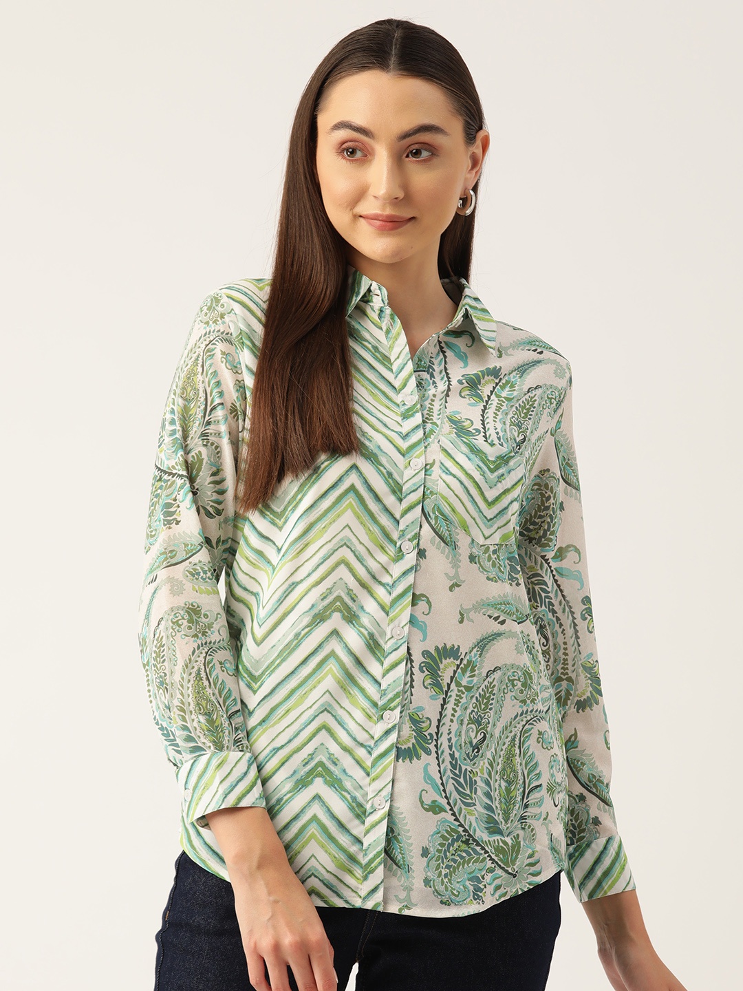 

Monte Carlo Women Opaque Printed Casual Shirt, Green